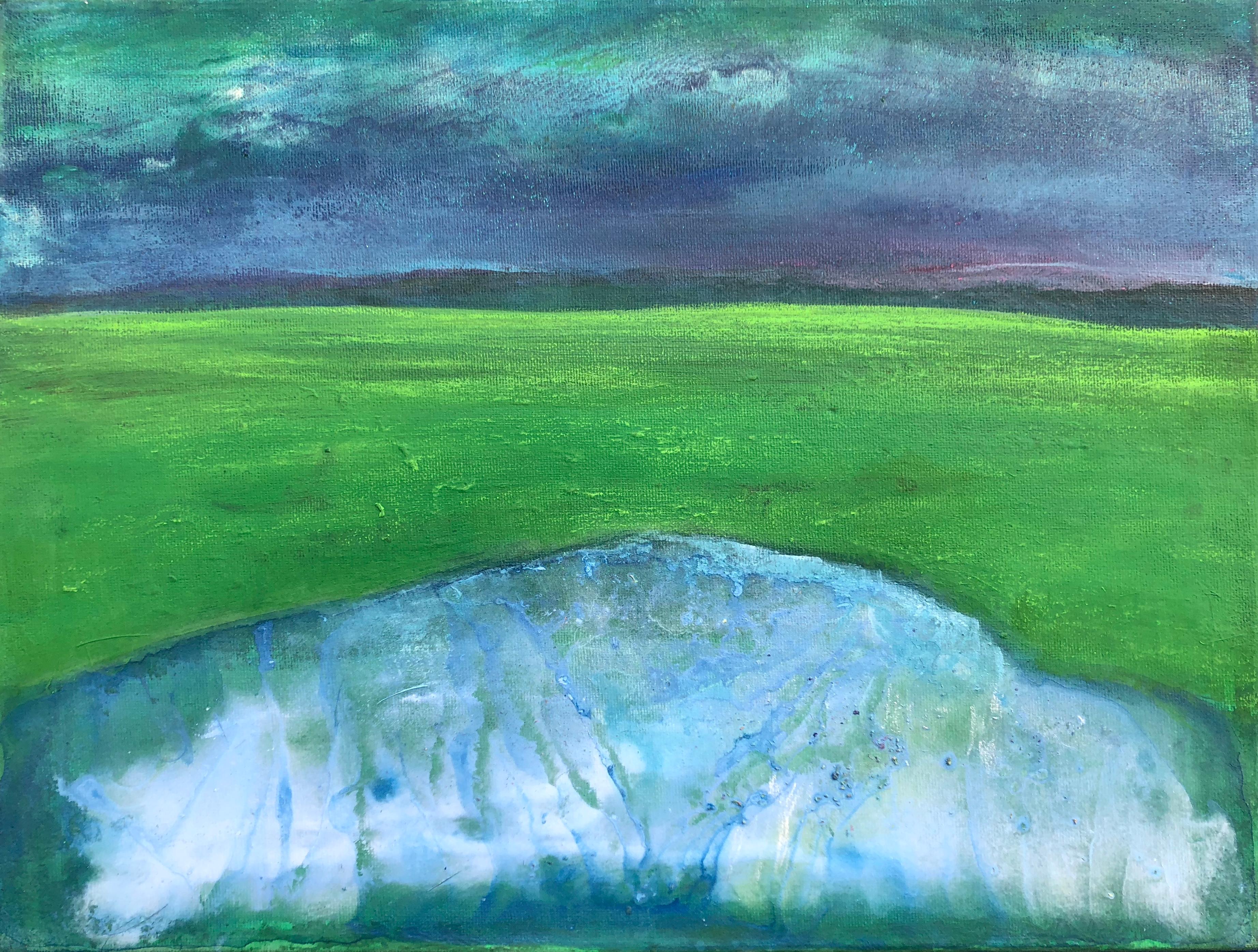 Contemporary abstract landscape painting on canvas, green, white, blue 21st cent - Mixed Media Art by Volodymyr Zayichenko
