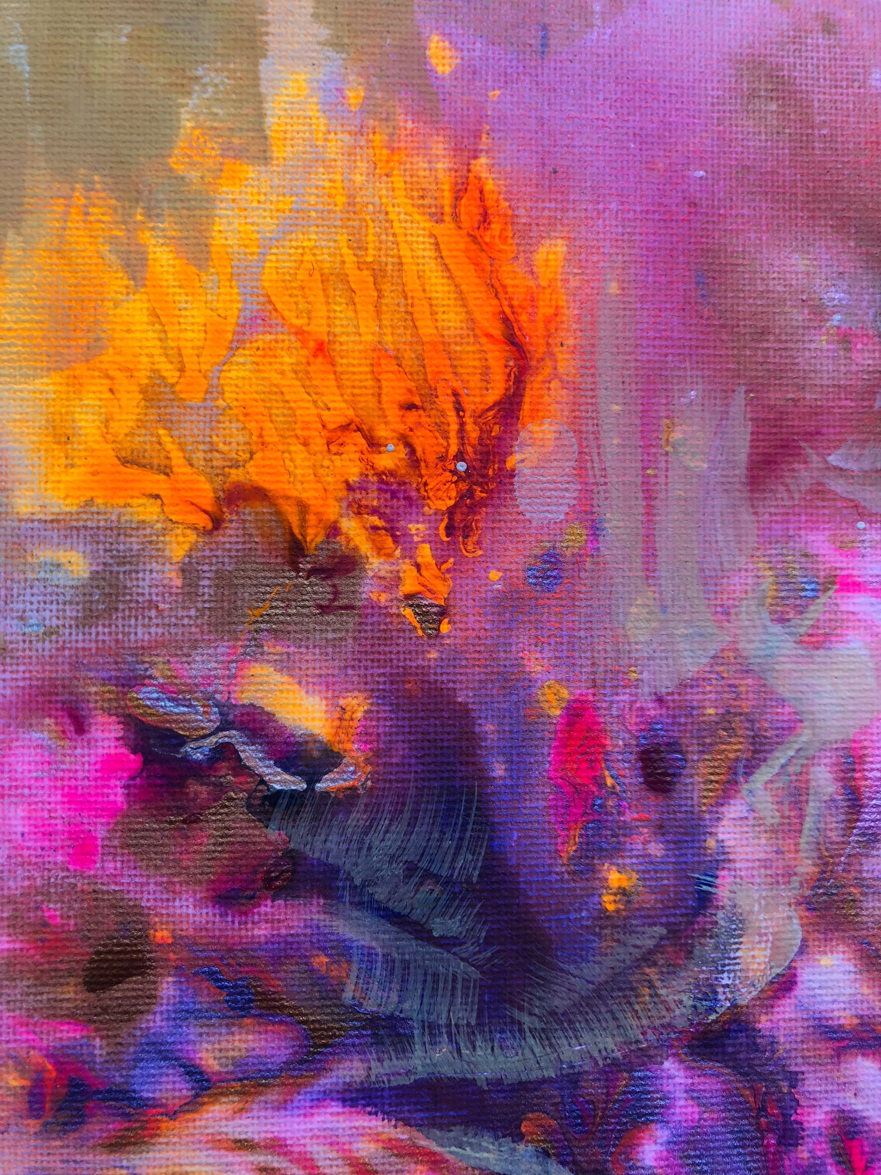Contemporary art 21st century - painting on canvas - purple, orange, blue - Abstract Mixed Media Art by Volodymyr Zayichenko