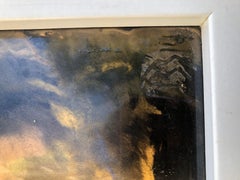 Gold, blue and yellow oil painting over glass Blue flame, contemporary abstract