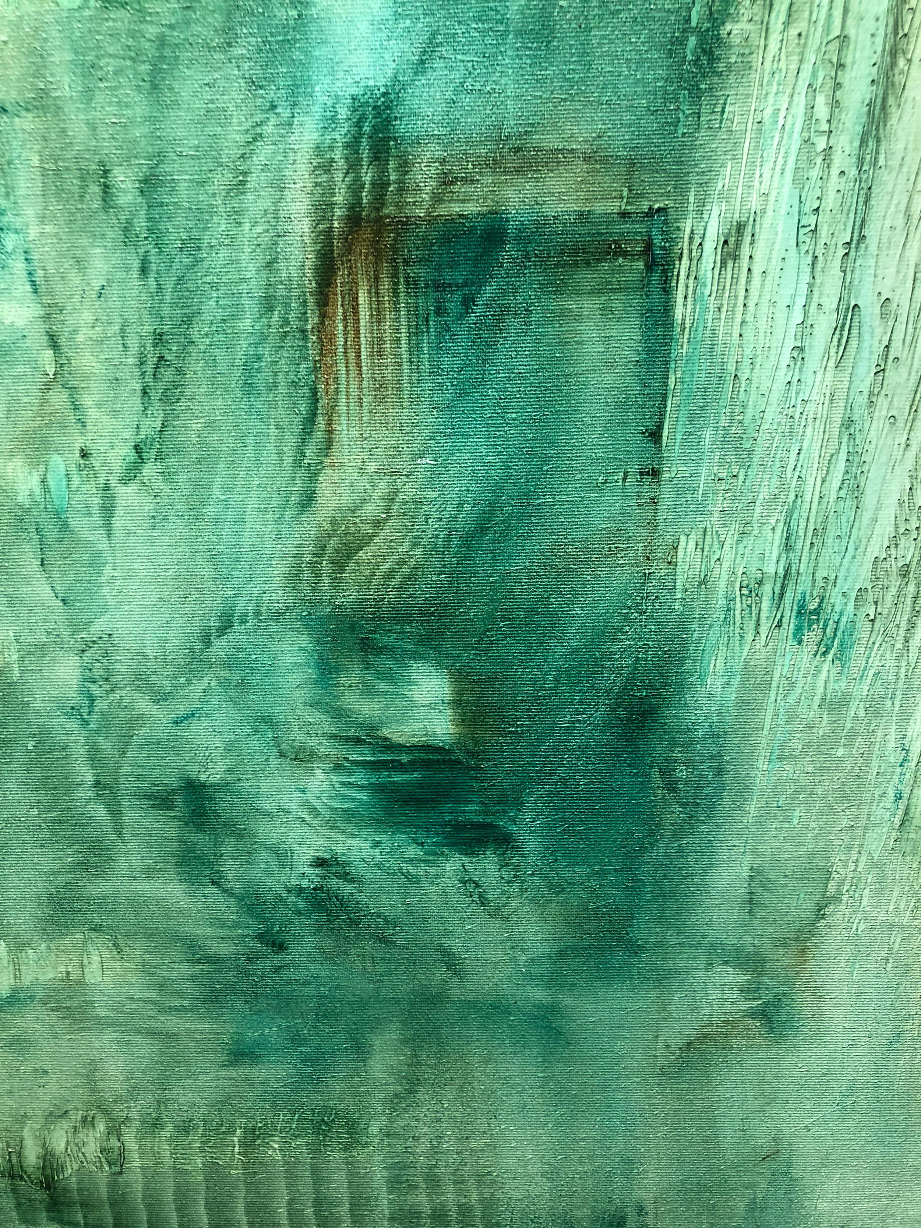 3Crystalking - Abstract painting on canvas, mixed media oil portrait in green. im Angebot 1