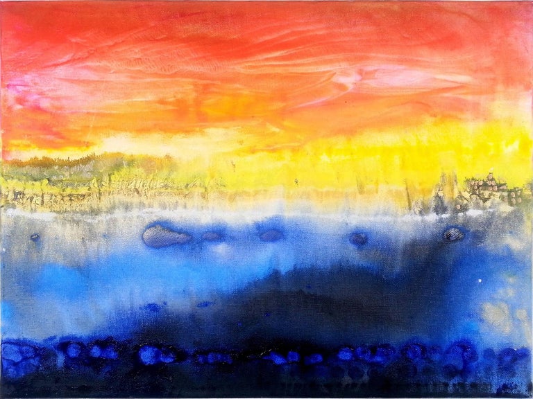 Abstract Art Oil Painting Fountain Of Colours Sign Triptych Blue Red Yellow