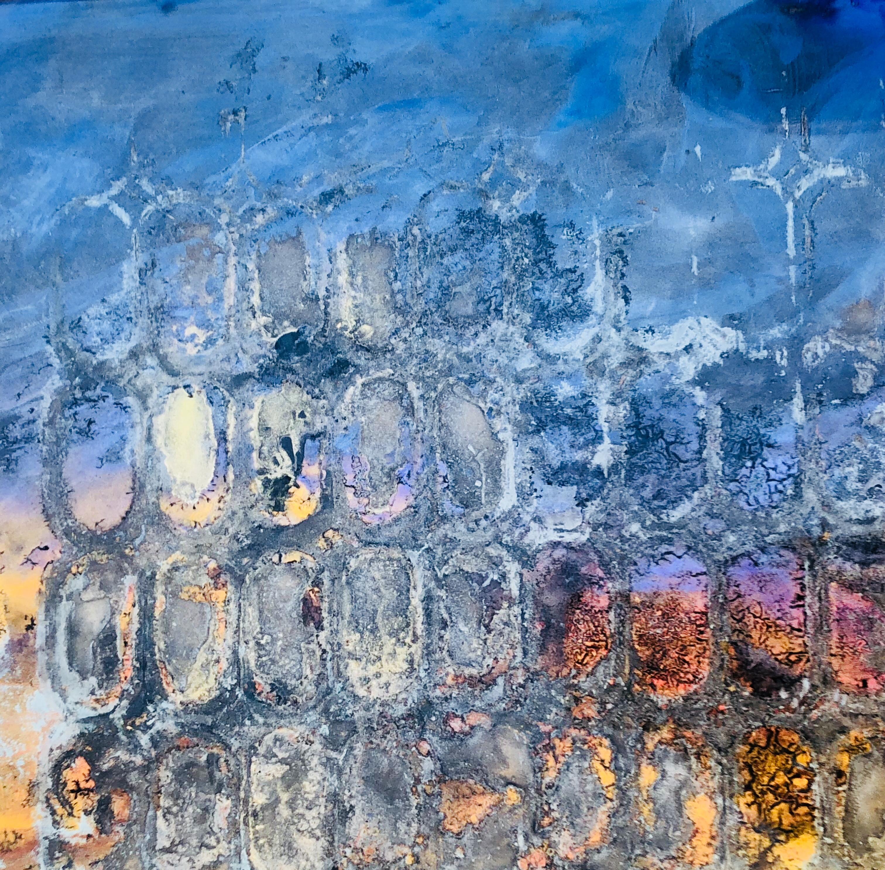 Exclusively represented by OpenMind Art Gallery original painting over glass On the edge of the visible (1) by Vova Zayichenko continues series of unique works of art created on the glass. 
Due to complex, multiple layering technique, the artist is