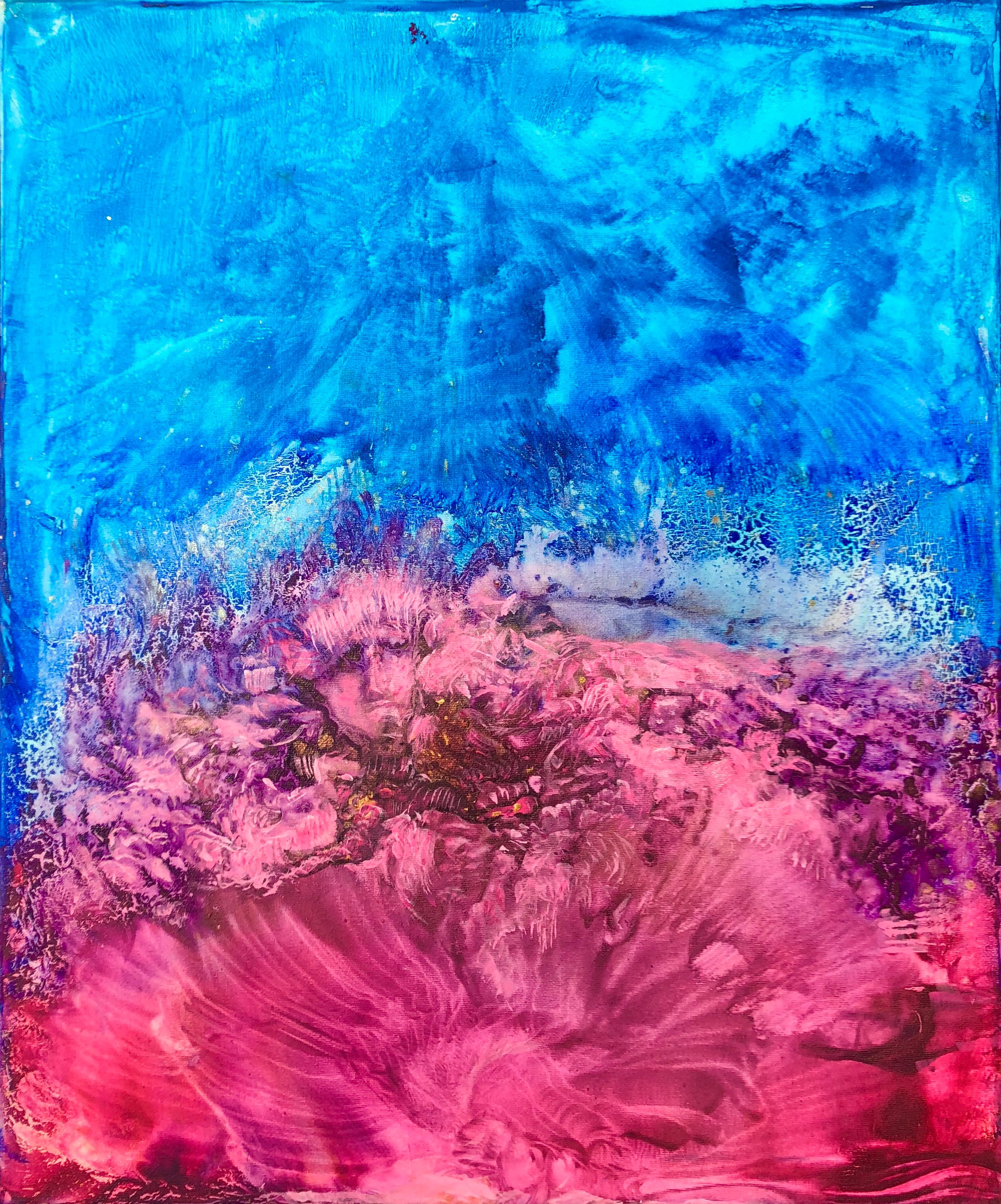 Volodymyr Zayichenko Abstract Painting - Abstract painting on canvas - blue, magenta - waves, metaphysical, spiritual art