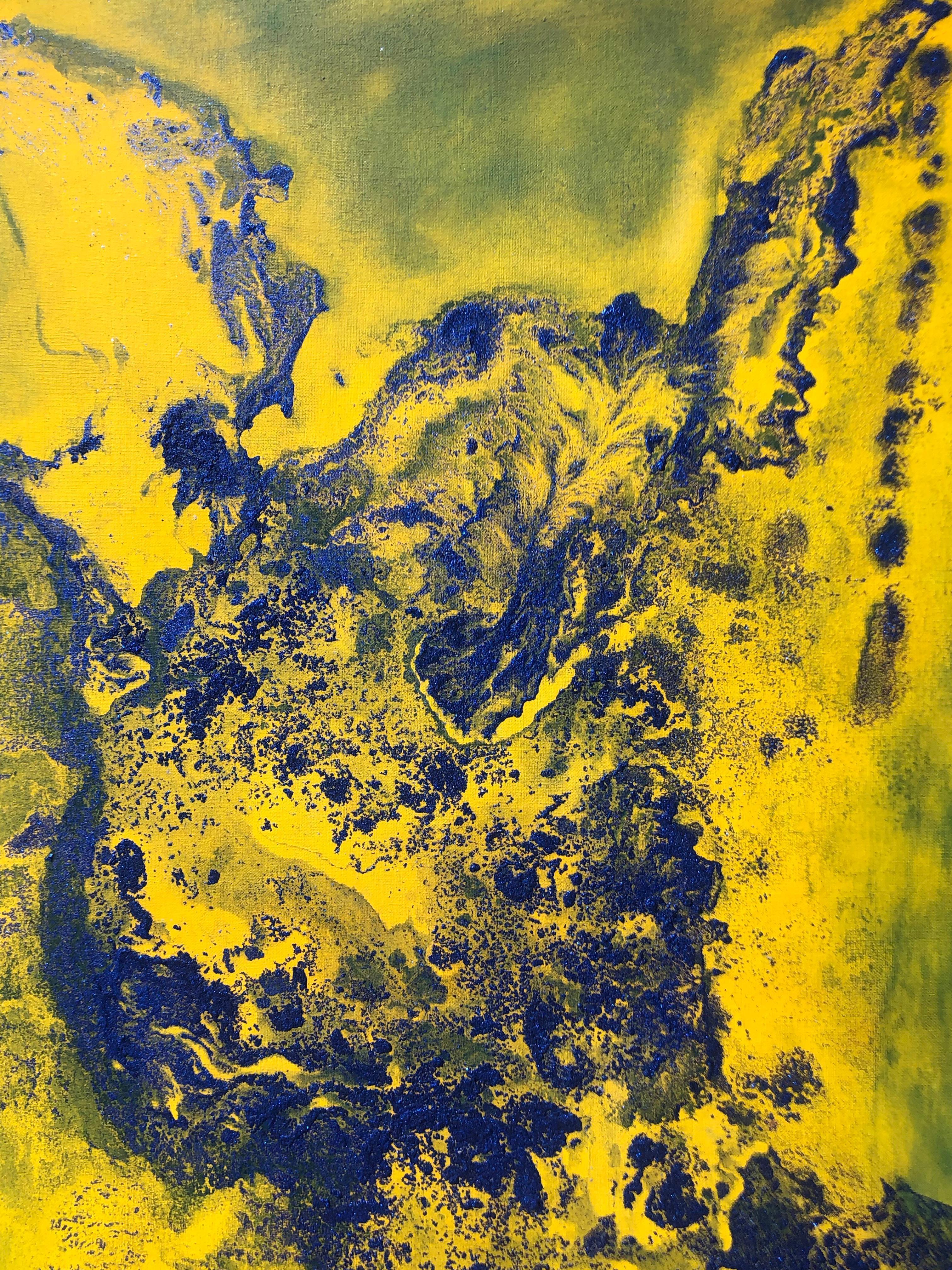 Contemporary art - 21st century painting on linen canvas - Blue, yellow, waves – Painting von Volodymyr Zayichenko