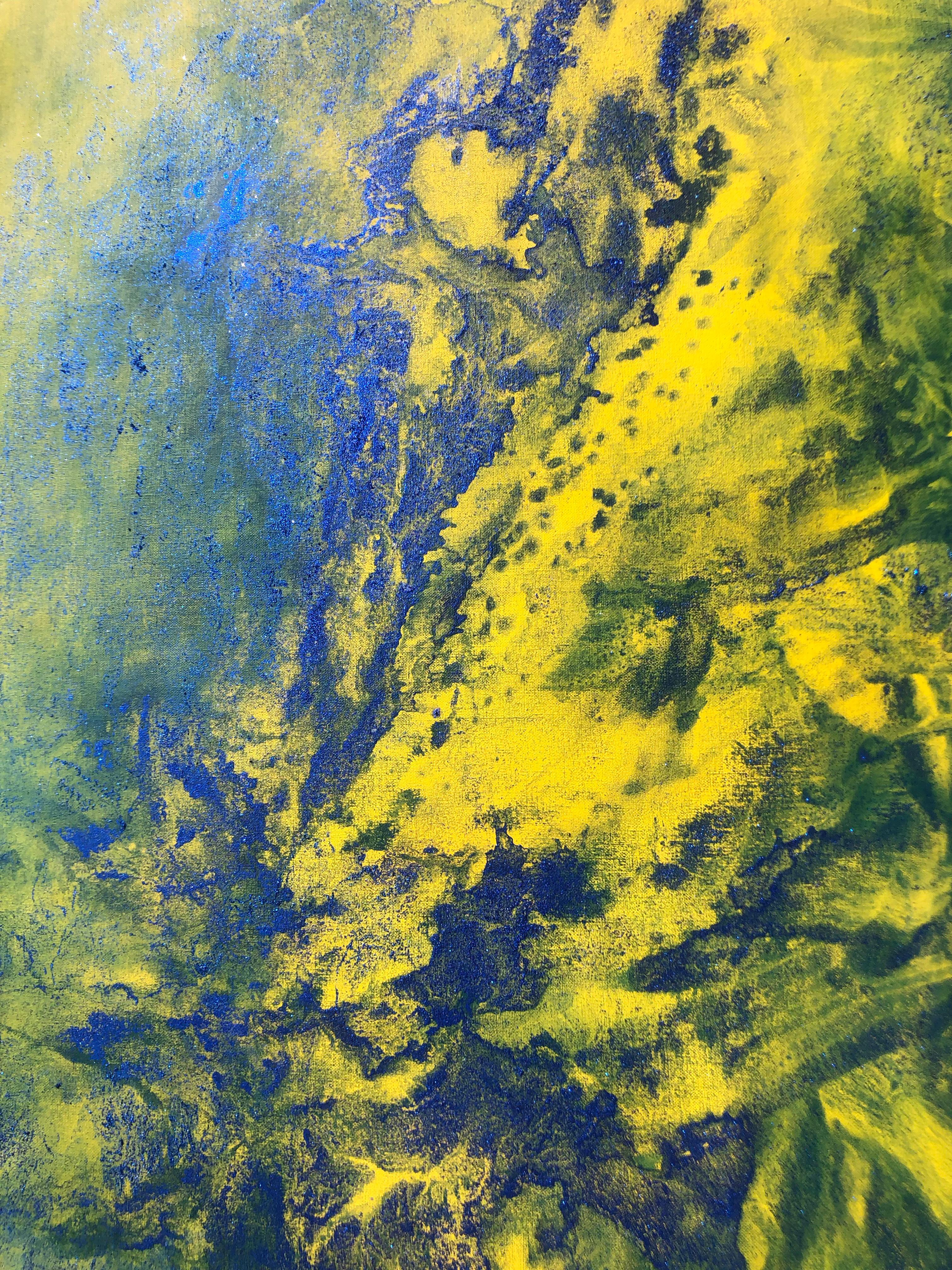 Contemporary art - 21st century painting on linen canvas - Blue, yellow, waves (Blau), Interior Painting, von Volodymyr Zayichenko