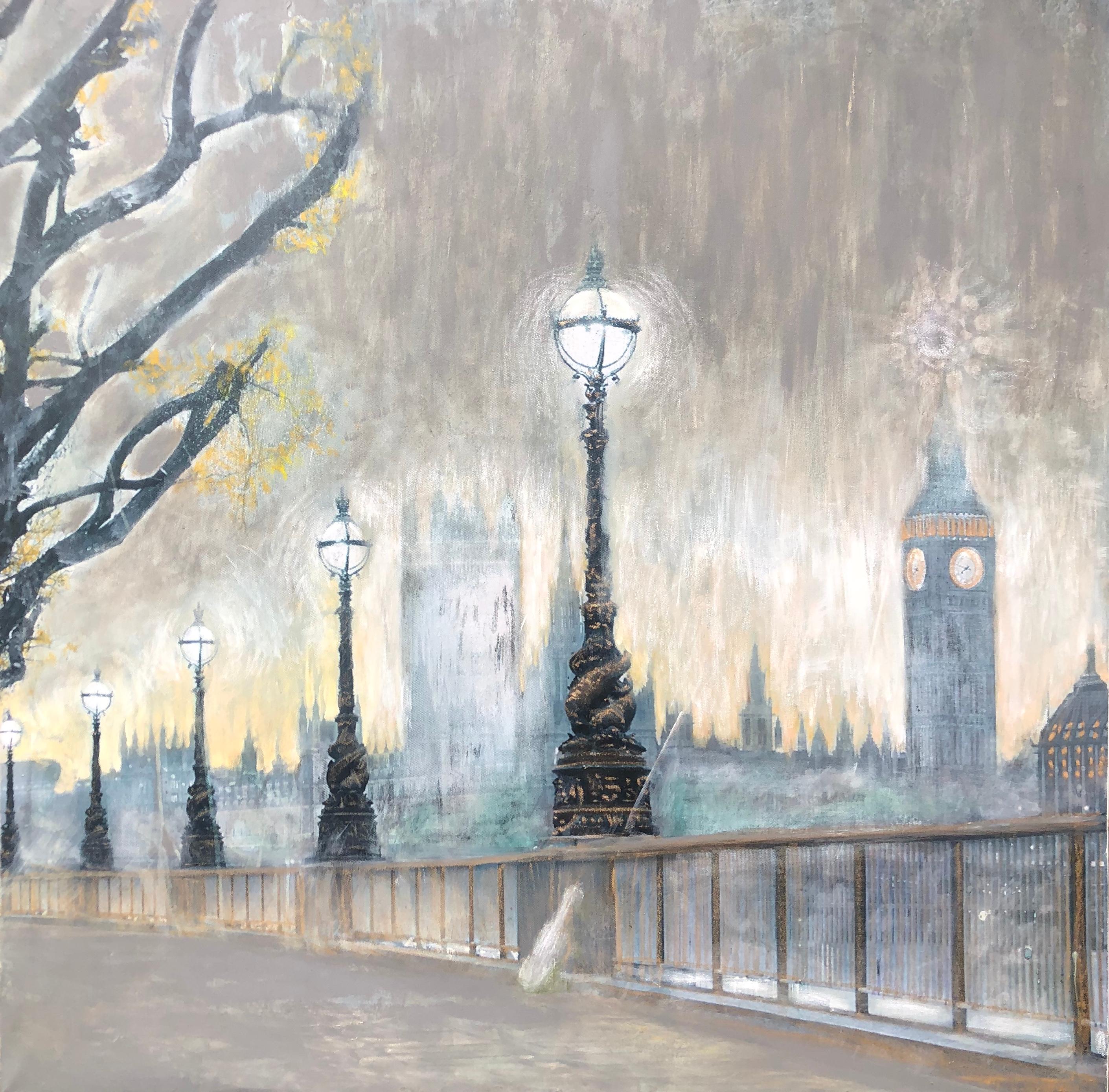 Volodymyr Zayichenko Landscape Photograph - Contemporary painting on canvas London cityscape - Big Ben, Thames river, bridge
