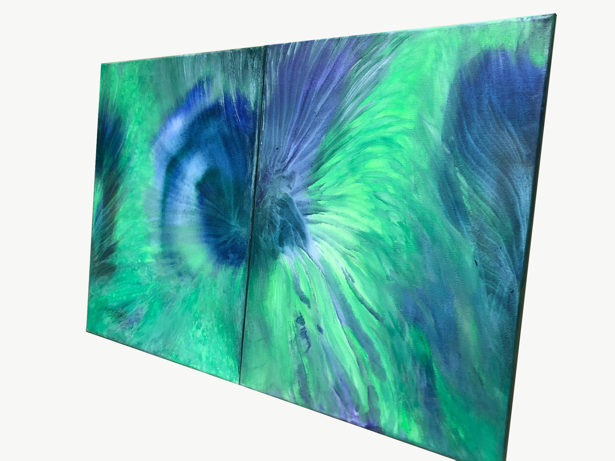 Diptych - Contemporary art 21st century - 2 paintings on canvas - blue, green - Green Abstract Painting by Volodymyr Zayichenko