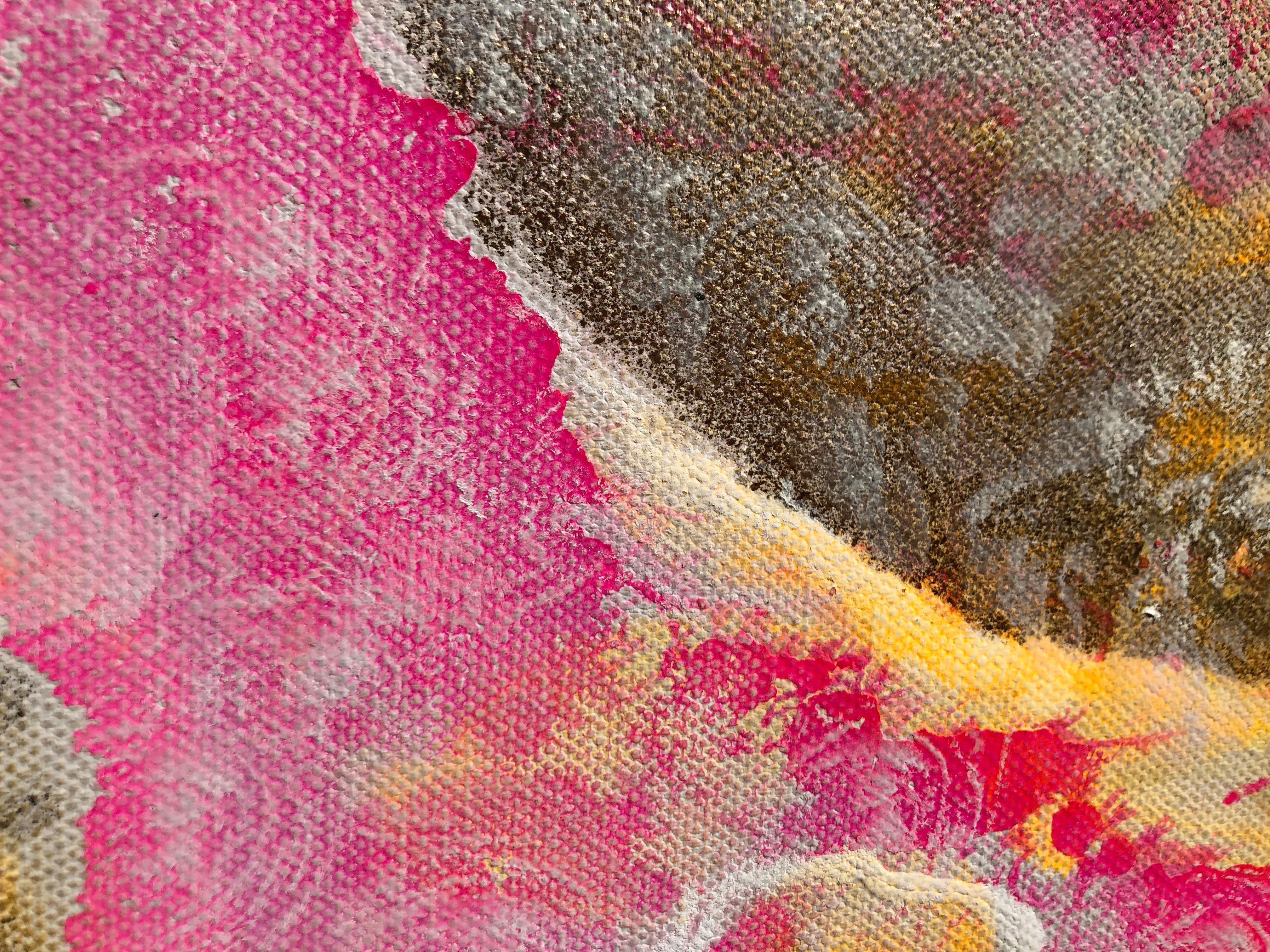 Morning levitation 1 - Painting on canvas, abstract metaphysical, gold, pink im Angebot 5