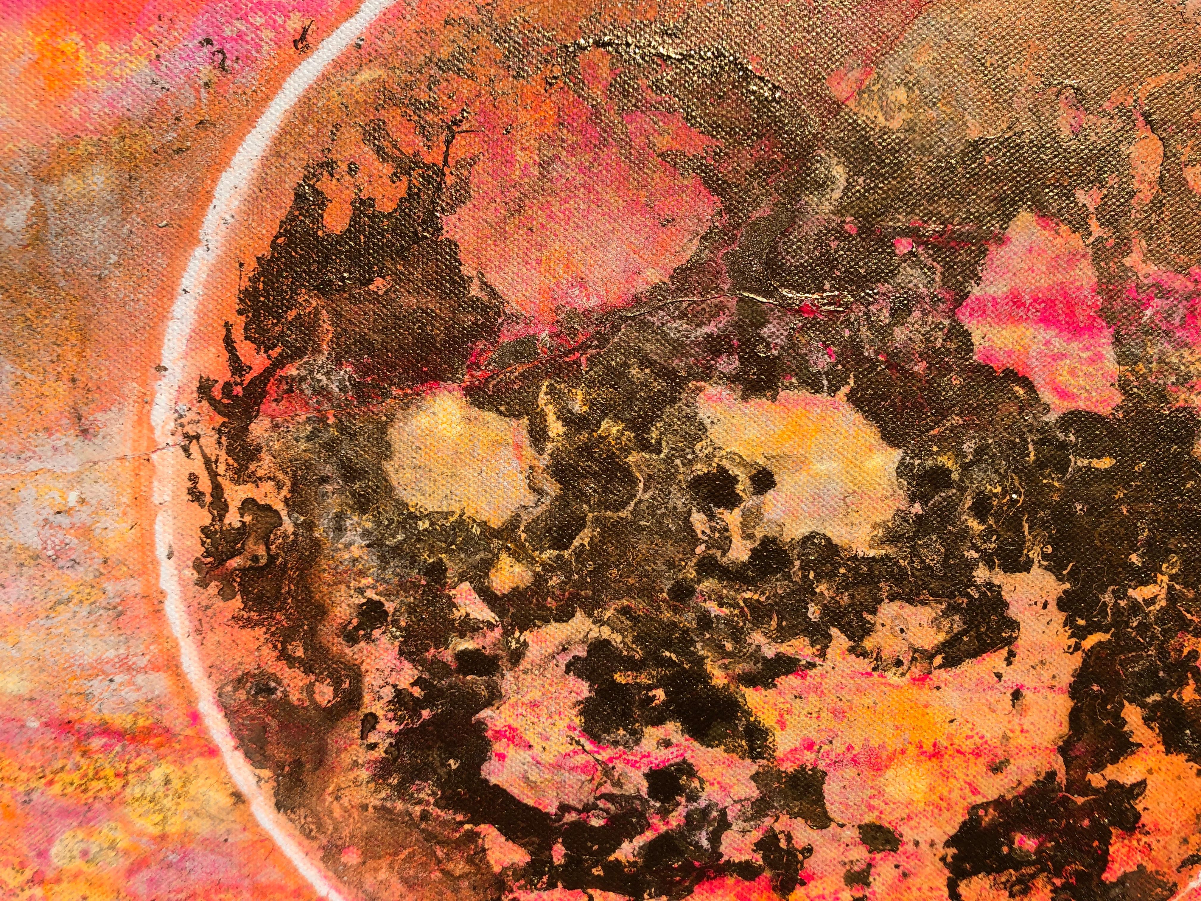 Morning levitation 2 - Painting on canvas, abstract metaphysical, gold, pink im Angebot 7