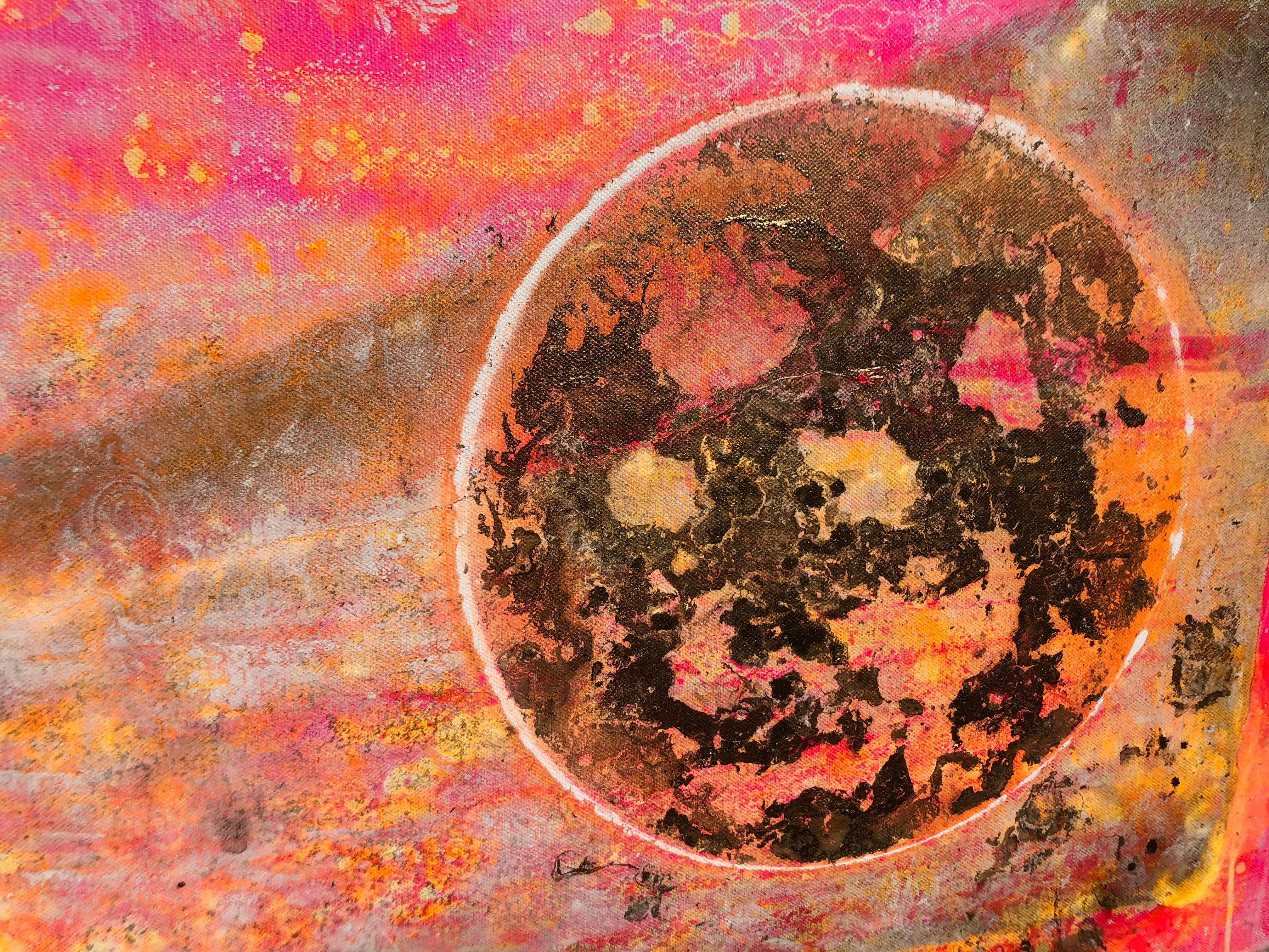 Morning levitation 2 - Painting on canvas, abstract metaphysical, gold, pink im Angebot 1