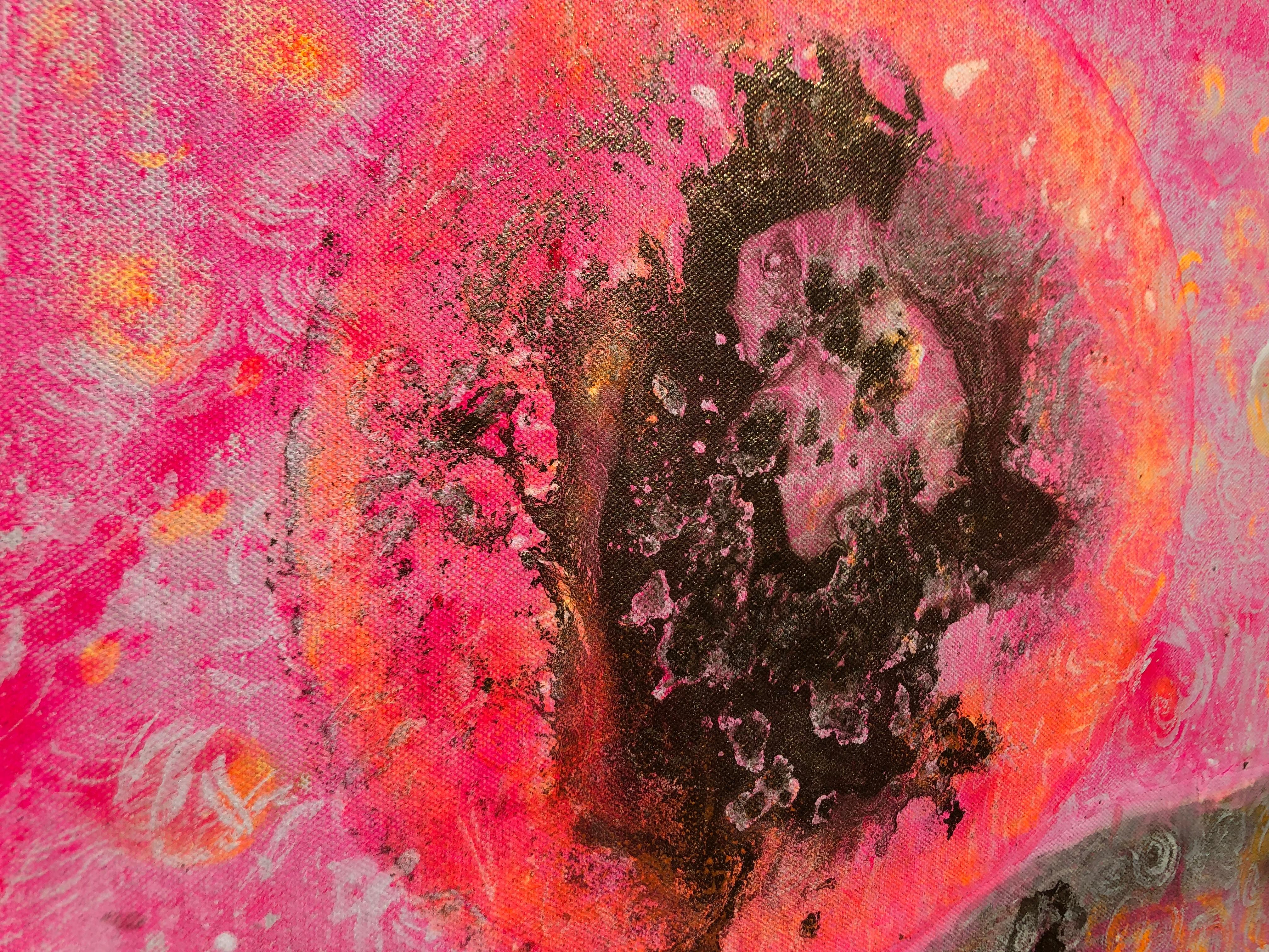 3 of 4 Painting on canvas, abstract metaphysical, gold, pink fluorescent 