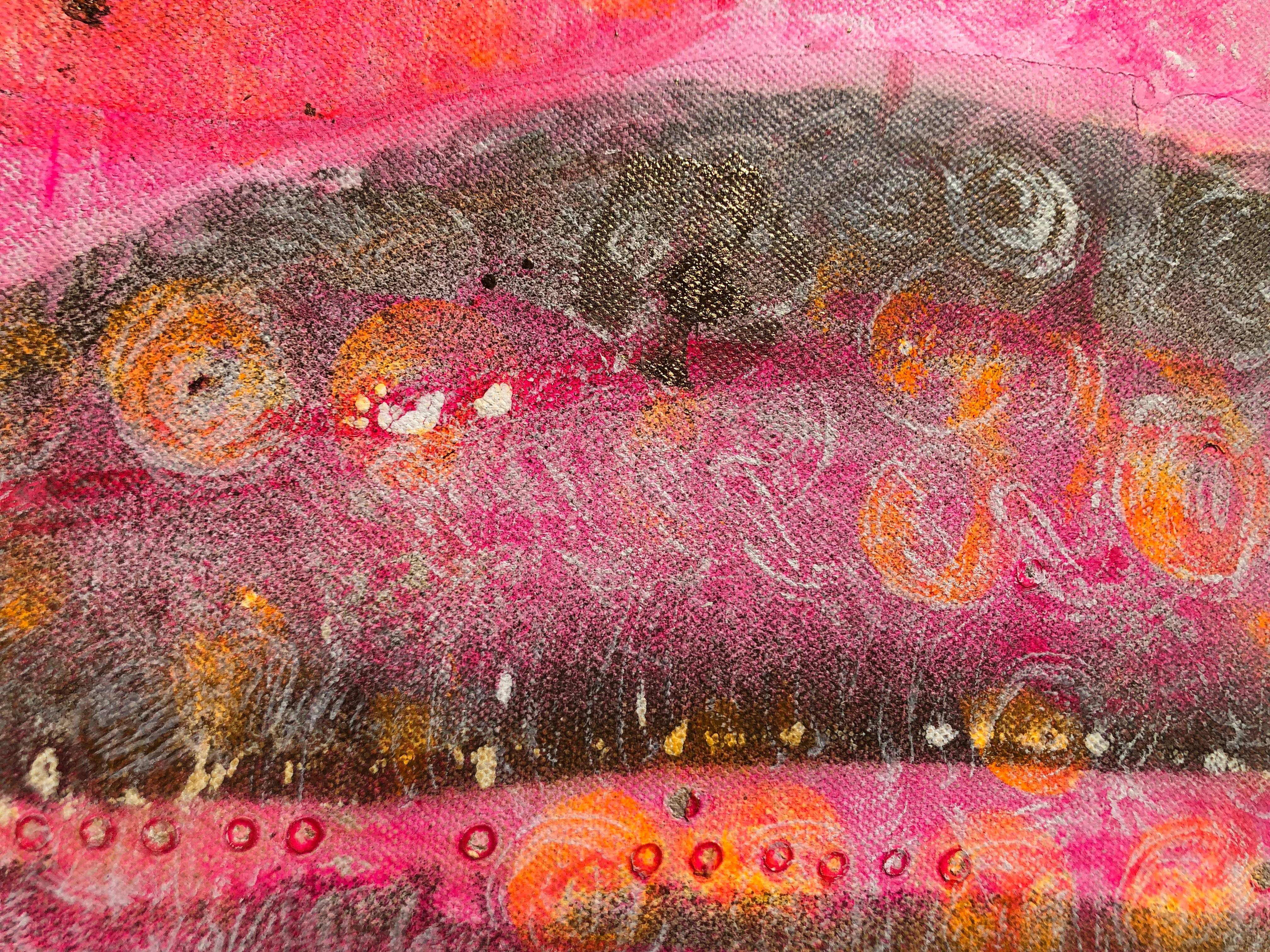 Morning levitation 3 - Painting on canvas, abstract metaphysical, gold, pink For Sale 1