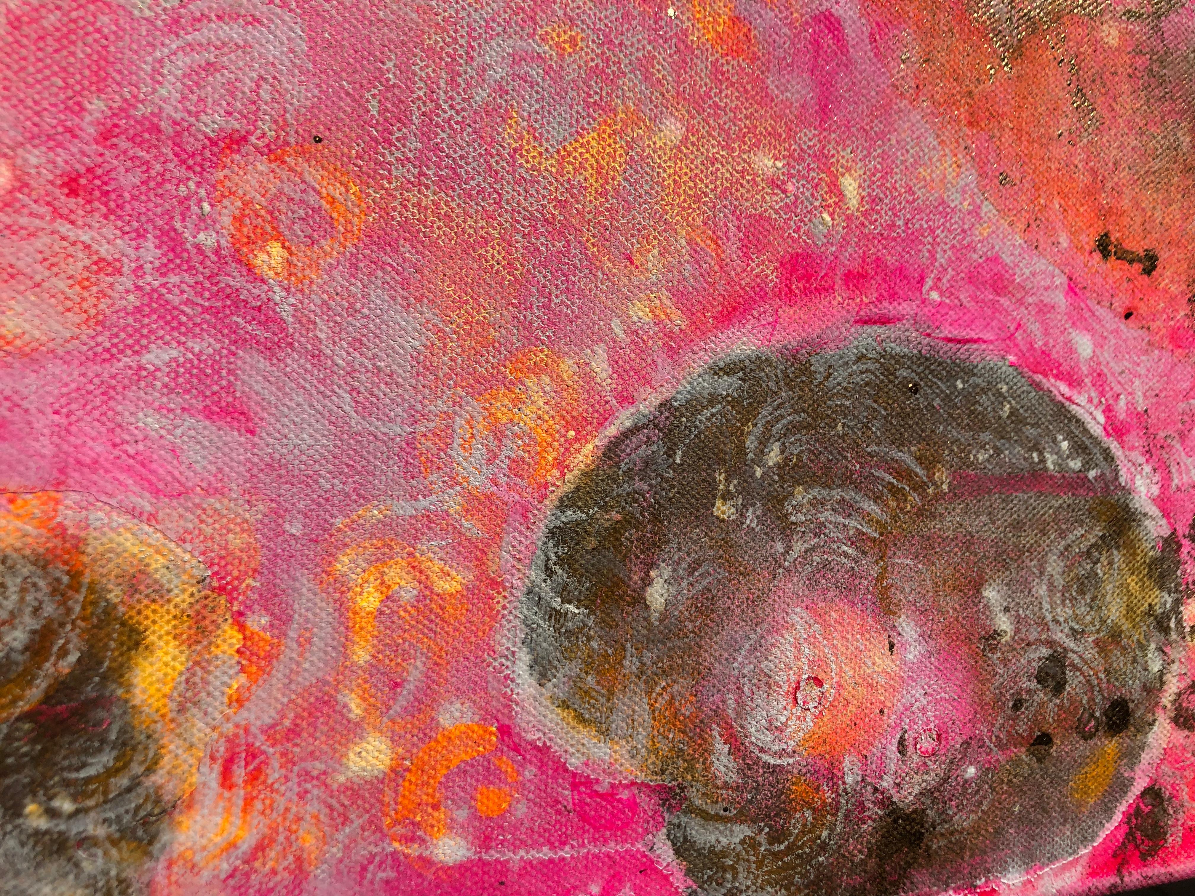 Morning levitation 3 - Painting on canvas, abstract metaphysical, gold, pink For Sale 3