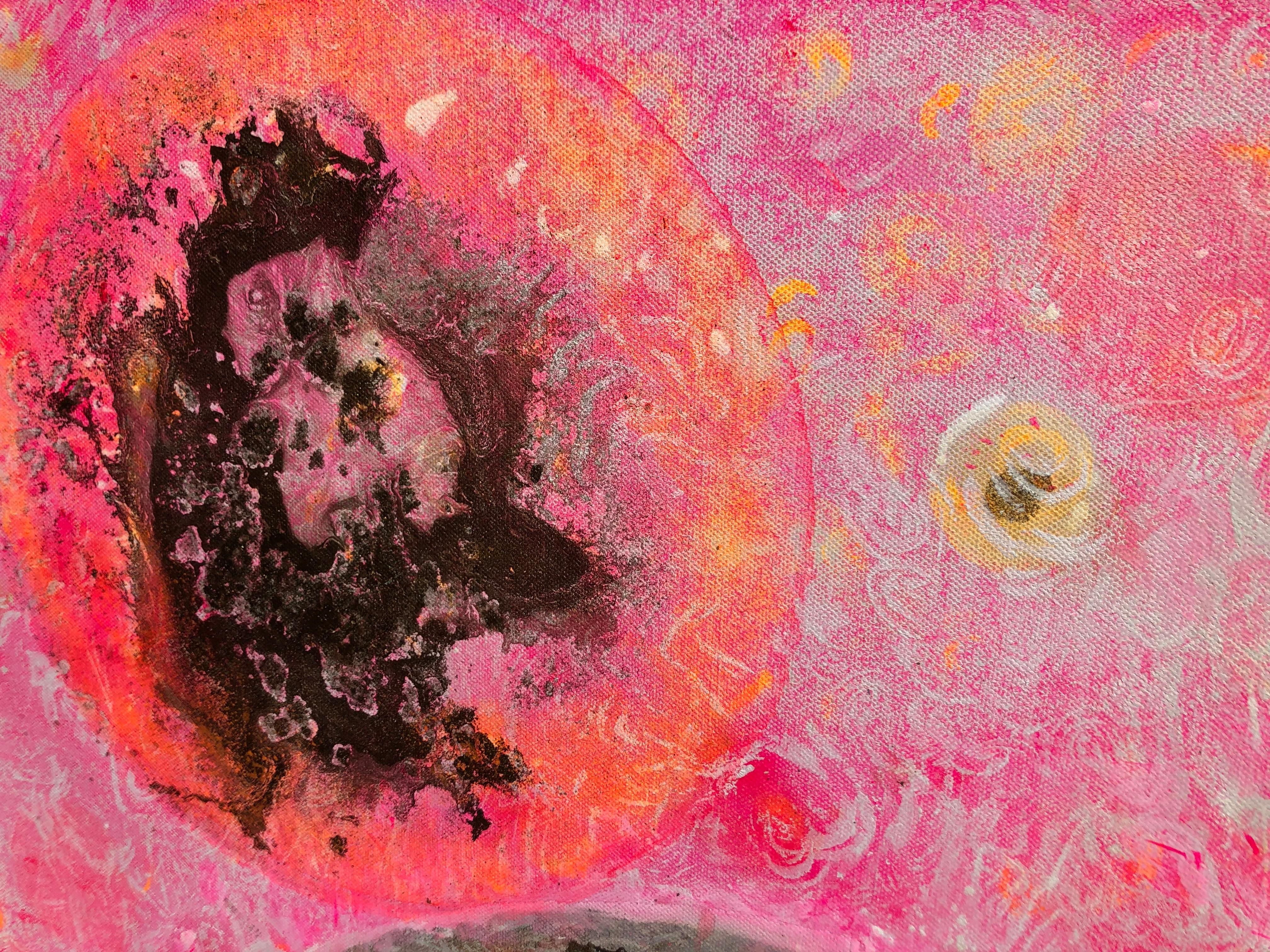 Morning levitation 3 - Painting on canvas, abstract metaphysical, gold, pink For Sale 5
