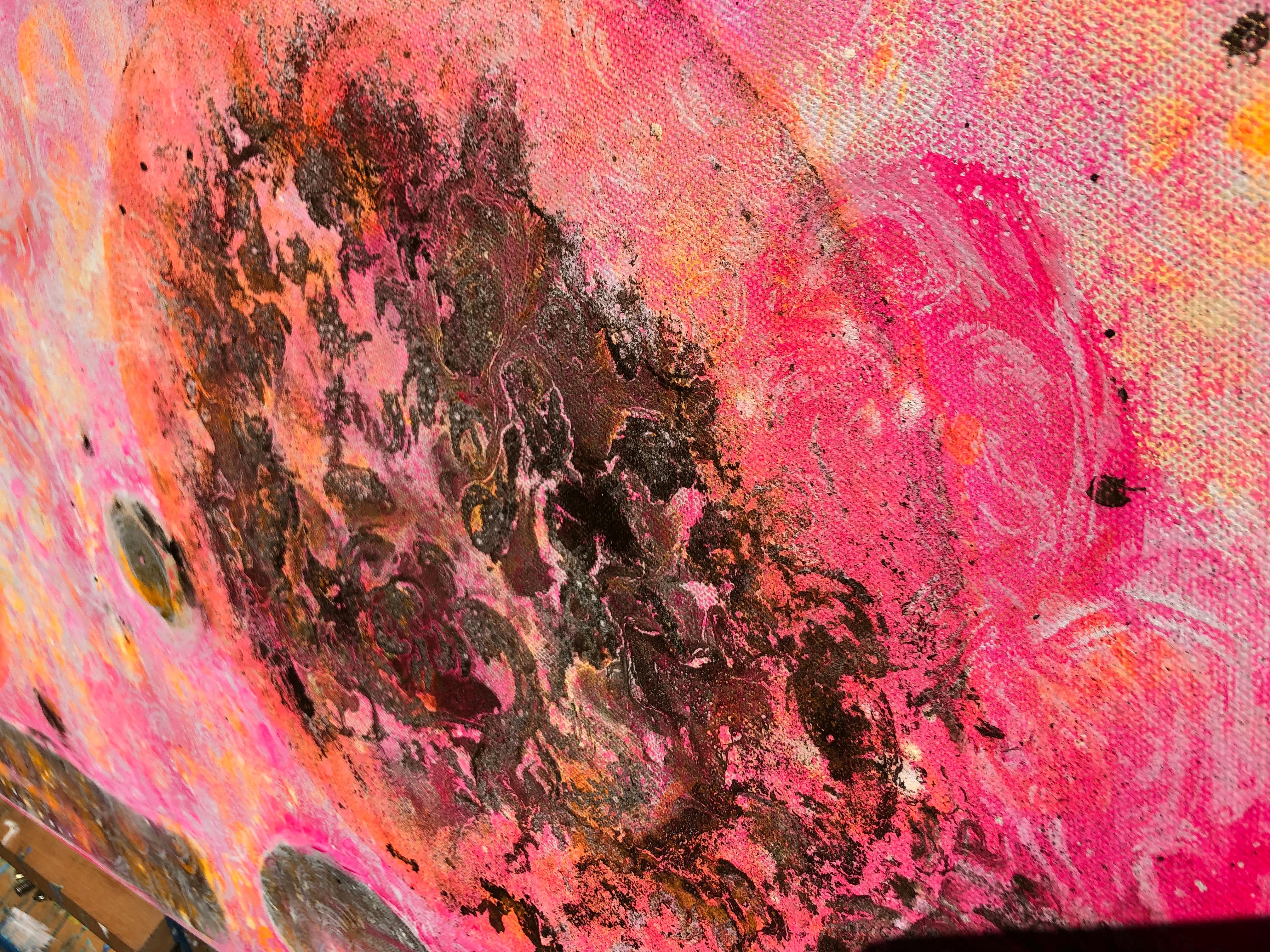 Morning levitation 3 - Painting on canvas, abstract metaphysical, gold, pink For Sale 6