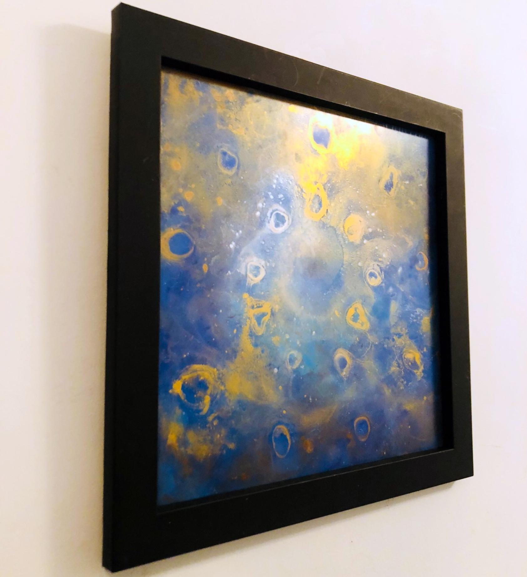 UNDERWATER LIFE oil painting on acrylic glass - gold, blue, framed, 21st century - Abstract Impressionist Painting by Volodymyr Zayichenko