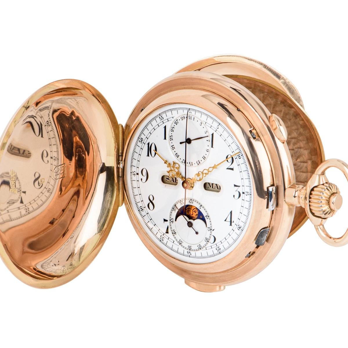 Volta 18ct rose gold minute repeater calendar chronograph full hunter keyless lever pocket watch, C1880s.

Dial: The white enamel dial with Arabic numerals and outer minute track for the chronograph hand.The dial set with apertures for the Day Month