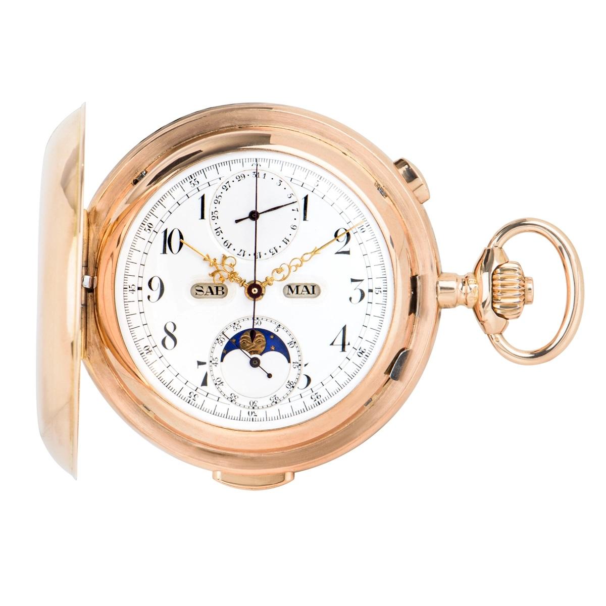 Volta 18ct Rose Gold Full Hunter Calendar Minute Chronograph Pocket Watch In Good Condition In London, GB