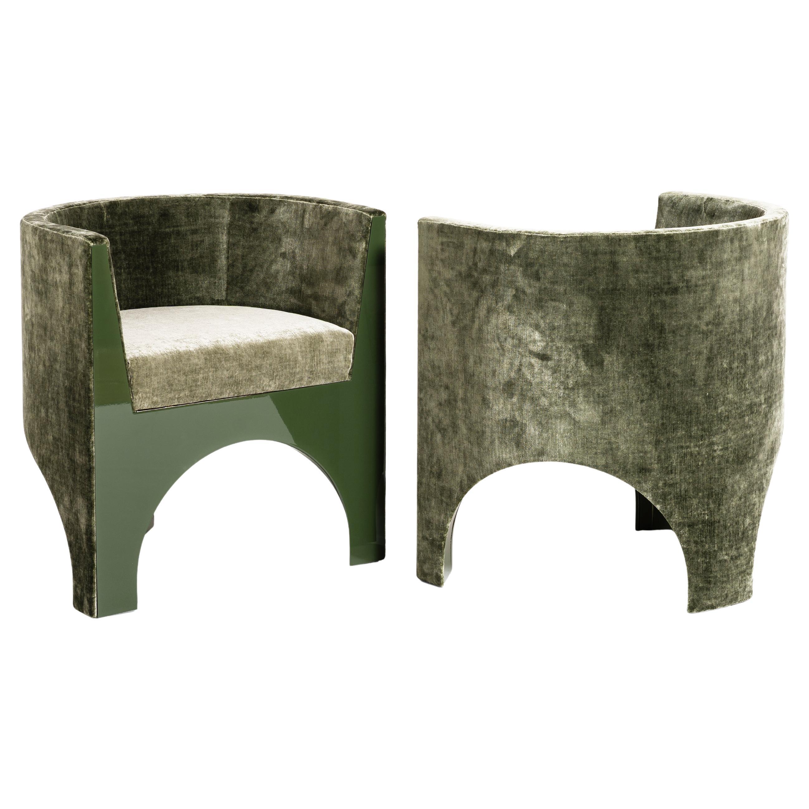 VOLTA/I Upholstered Curve Armchair in Solid Wood - Arches Shaped - Green Glossy