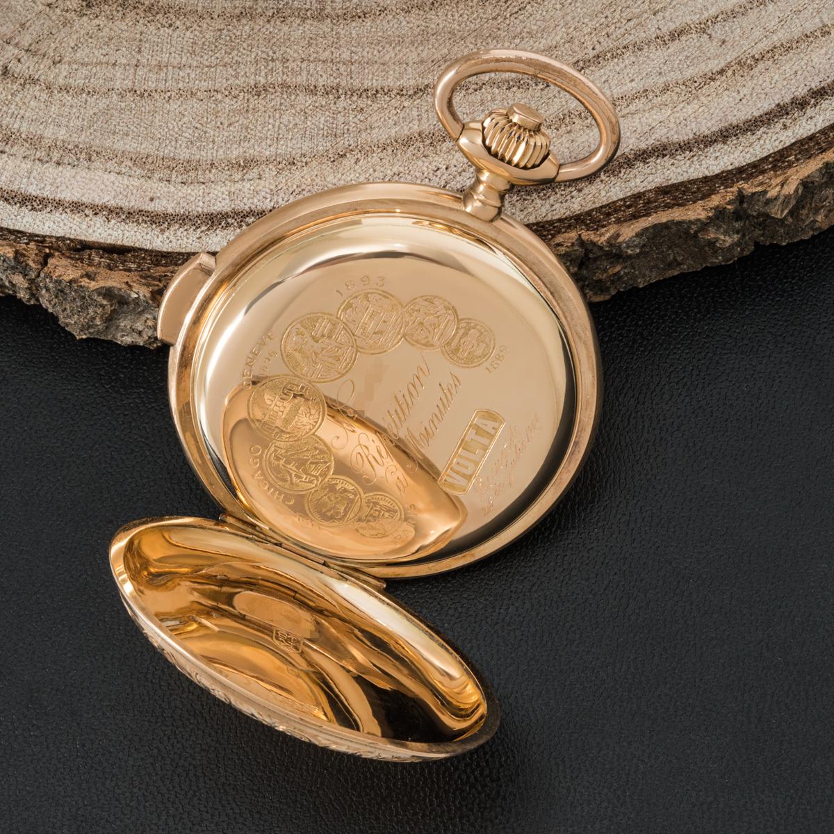 Volta Rose Gold Minute Repeater Keyless Lever Full Hunter Pocket Watch C1880 In Good Condition For Sale In London, GB