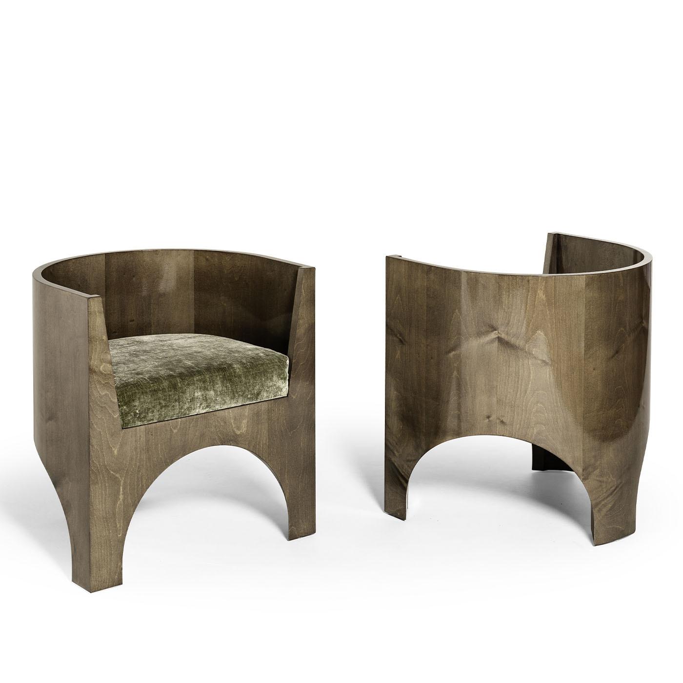 Bois Chaise Volta Wood et coussin en velours vert par Storagemilano en vente