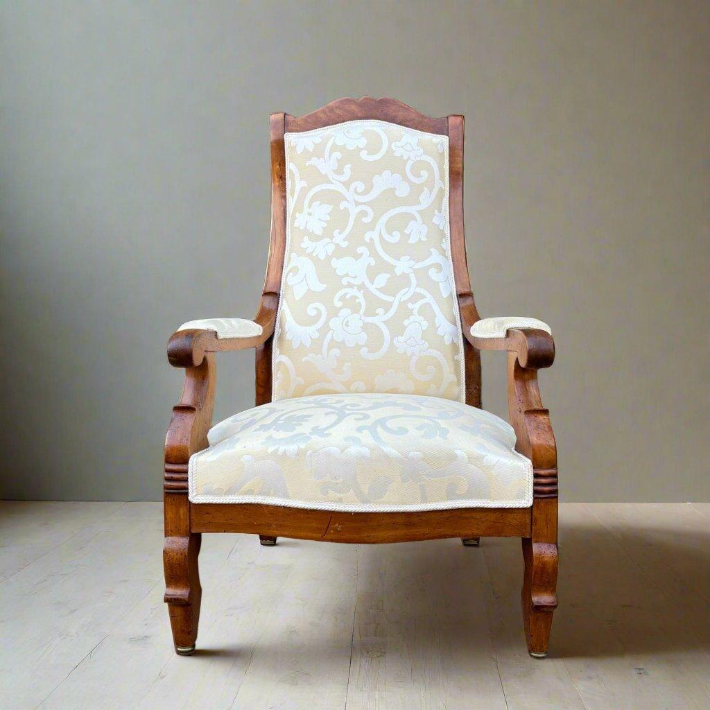 ✓ Stylish & elegant
✓ High-quality fabric cover
✓ Newly upholstered

Dimensions: 
Chair: W: 67cm H: 111cm D: 65cm  Seat height: 38cm

Article: Antique armchair
Item no.: 1014
Provenance: France around 1850  Louis Philippe
Material: Walnut solid