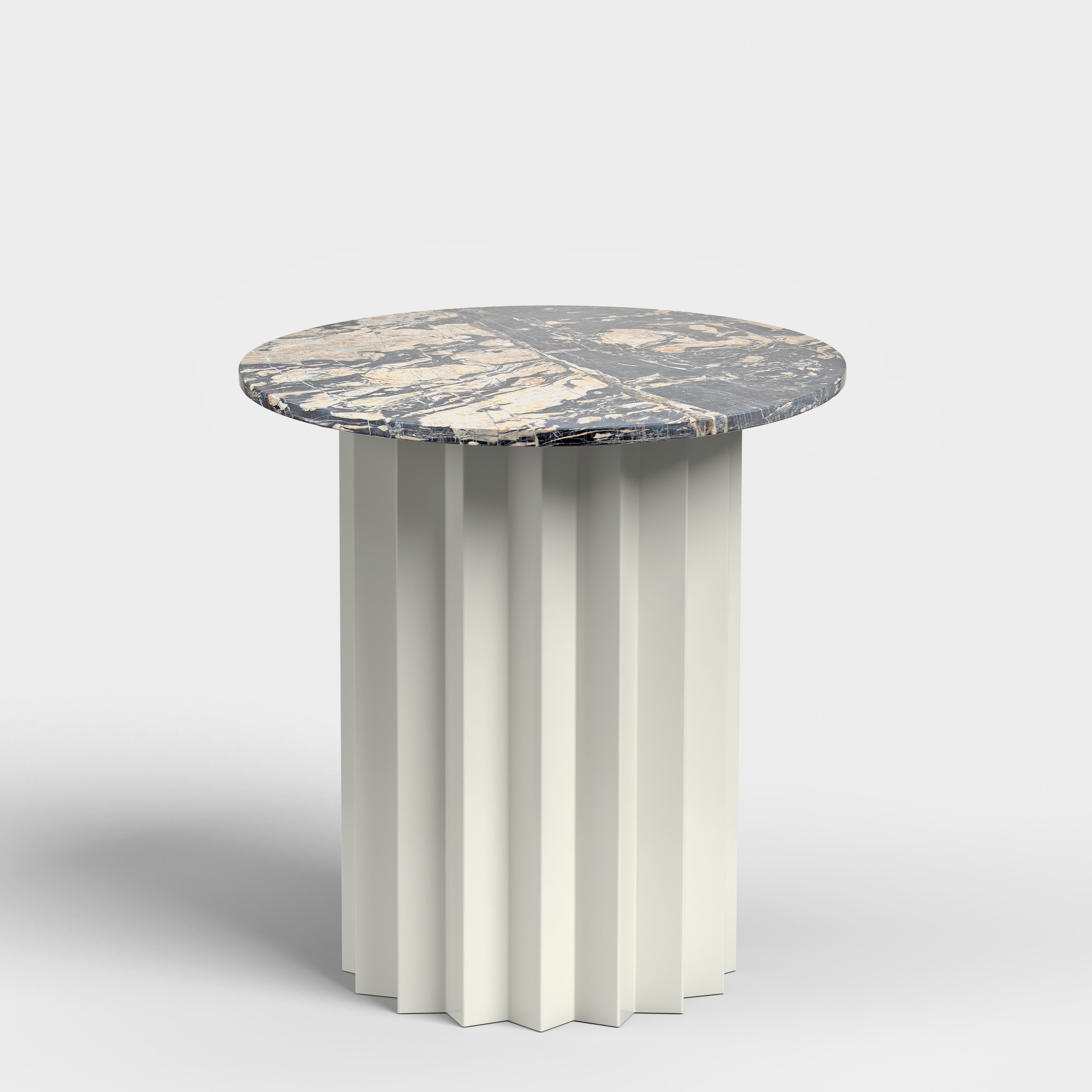 Contemporary Volume High Side Table, Galvanized Metal Base with Black Stained Oak by AVLU For Sale