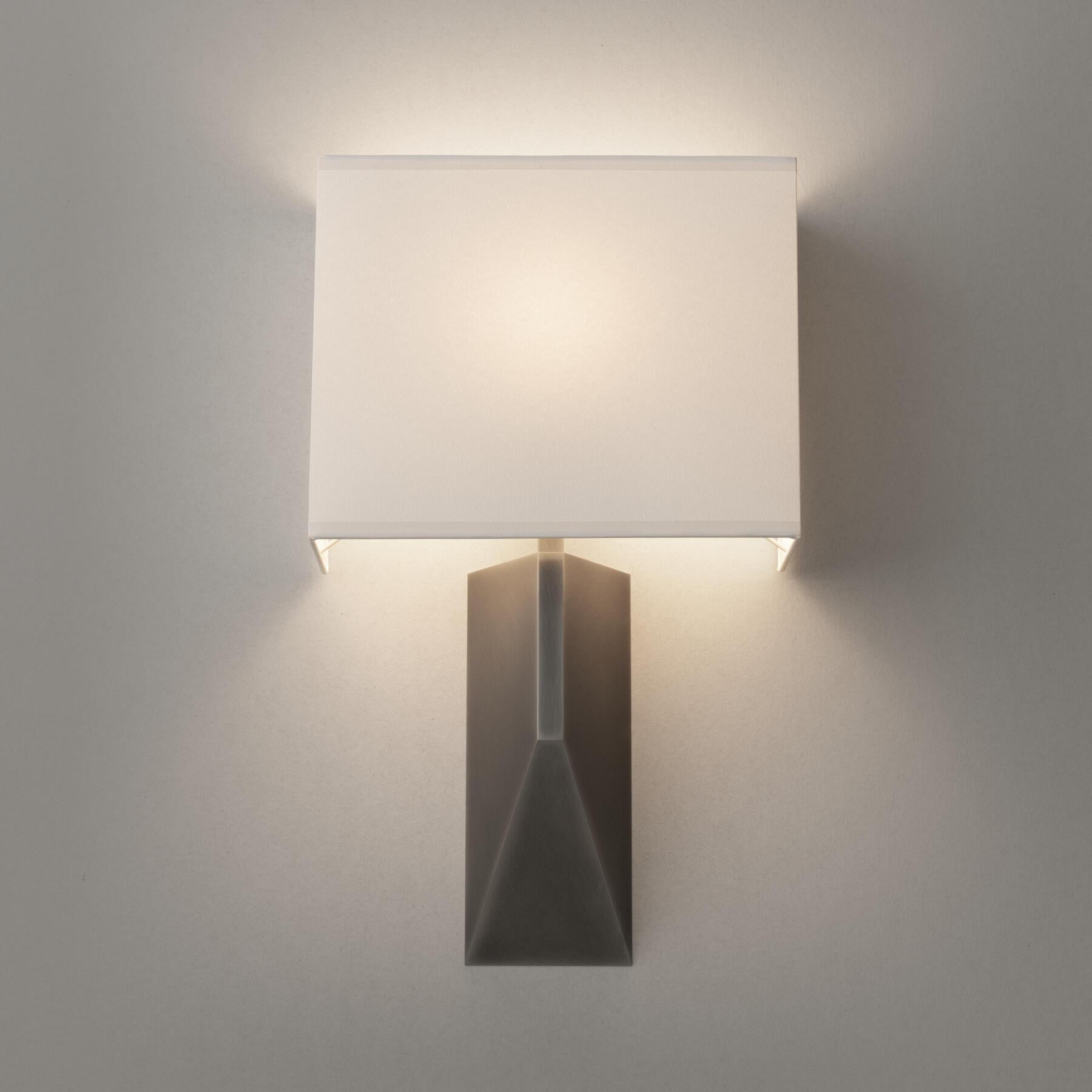 Volume Sconce, Lightly Aged Nickel with Aquarelle Shade In New Condition For Sale In Chicago, IL