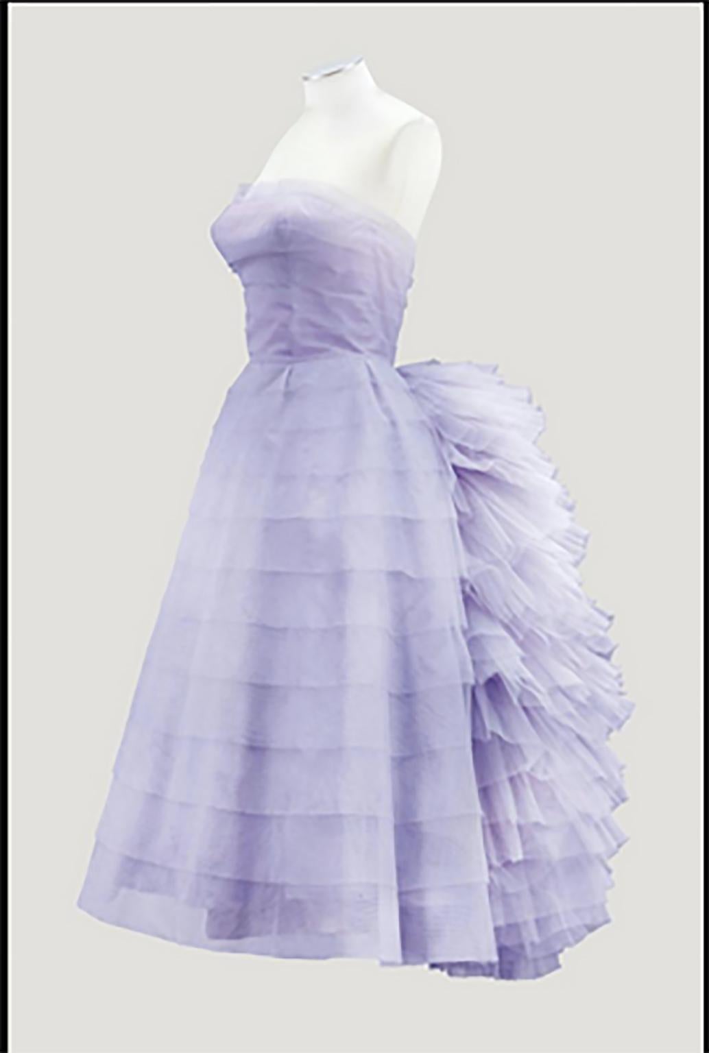 Voluminous Strapless Lavender Tulle Balloon-Ruffle Ballerina Ball Gown– S, 1950s 3