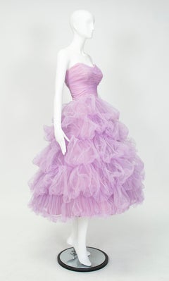 Voluminous Strapless Lavender Tulle Balloon-Ruffle Ballerina Ball Gown– S, 1950s