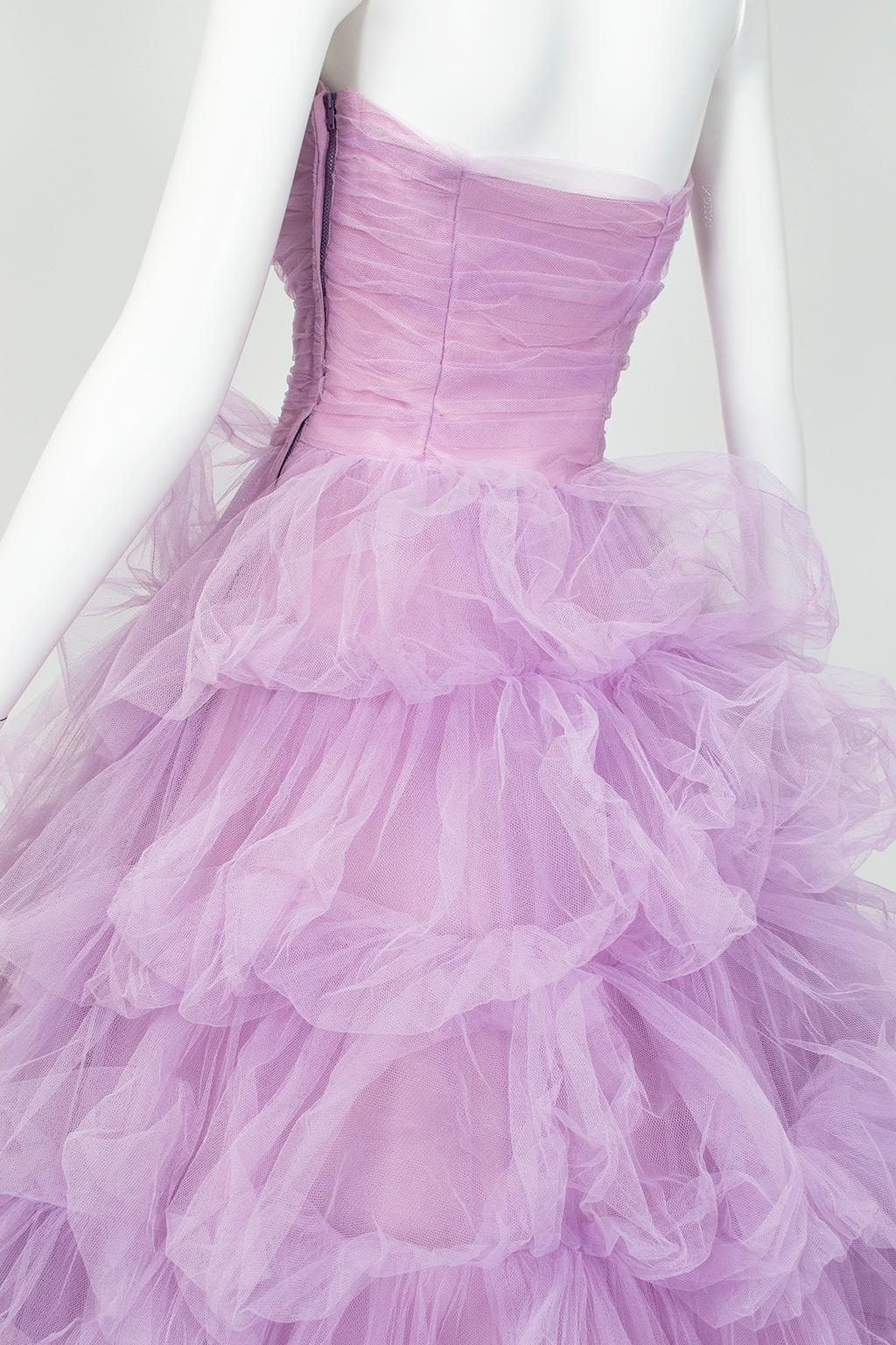 Purple Voluminous Strapless Lavender Tulle Balloon-Ruffle Ballerina Ball Gown– S, 1950s