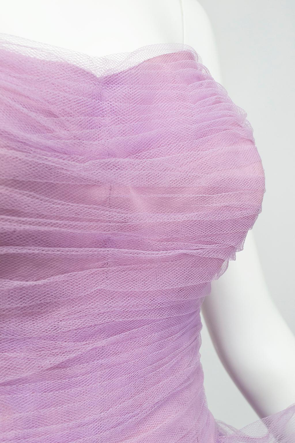 Women's Voluminous Strapless Lavender Tulle Balloon-Ruffle Ballerina Ball Gown– S, 1950s