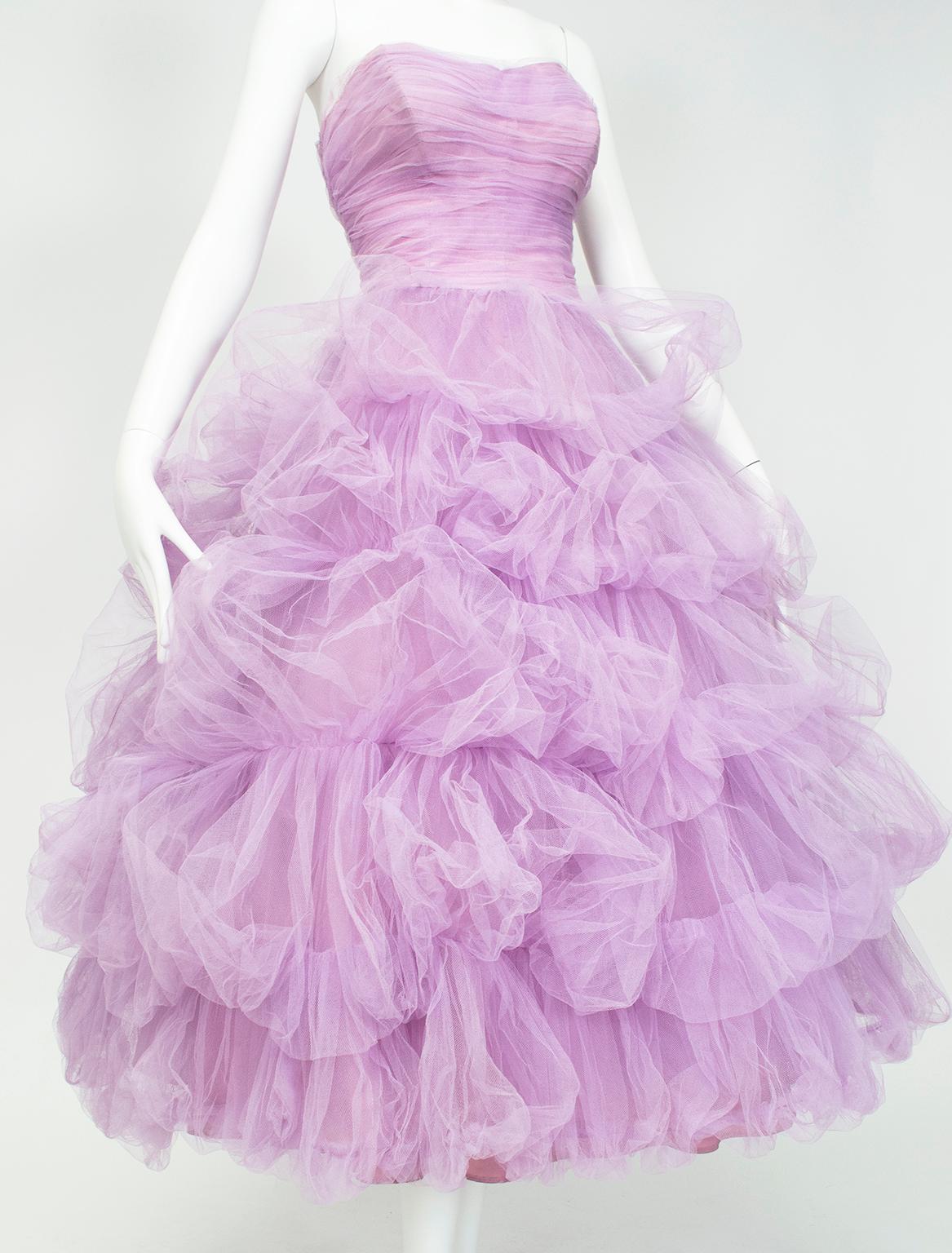 Voluminous Strapless Lavender Tulle Balloon-Ruffle Ballerina Ball Gown– S, 1950s 1