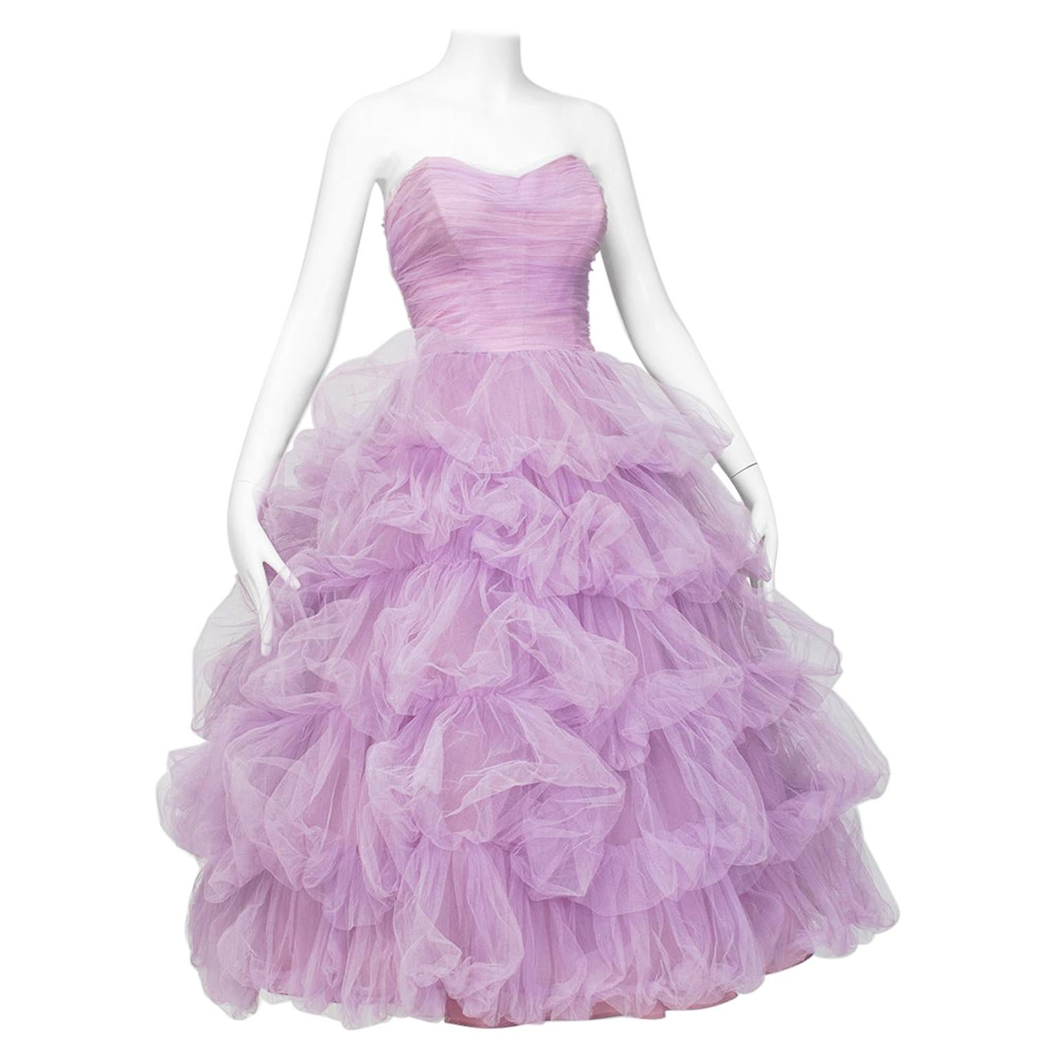Voluminous Strapless Lavender Tulle Balloon-Ruffle Ballerina Ball Gown– S, 1950s