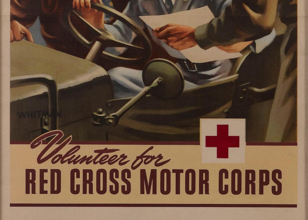 Presented is an original WWII poster designed by Whitman. Showing a woman behind the wheel of a vehicle speaking to two airmen, this poster places the female Red Cross volunteer in the middle of the planning. In bold red letters, it urges the viewer