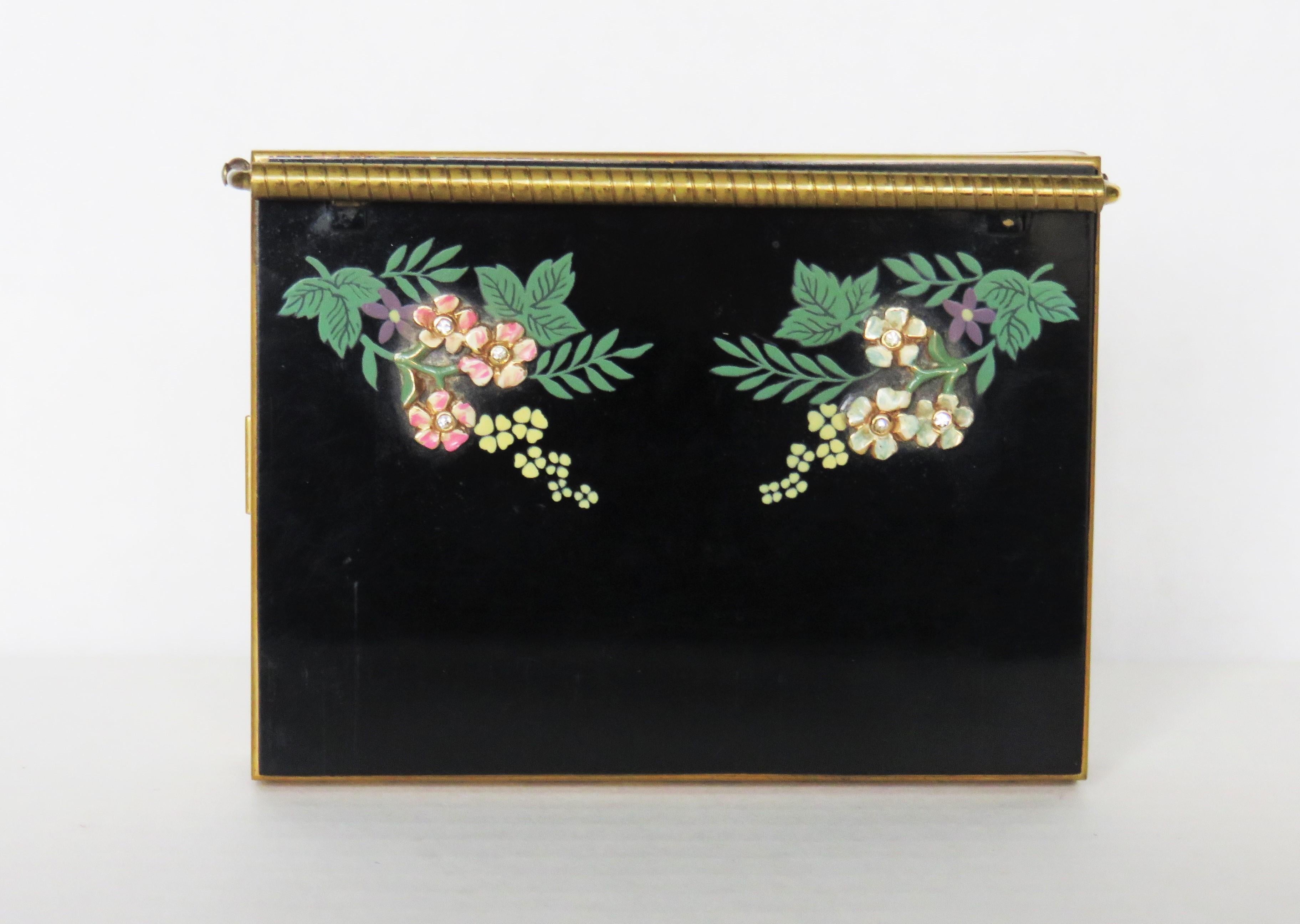 Volupte 1950s Enamel Flower Compact Miaudiere Purse and Case For Sale 4
