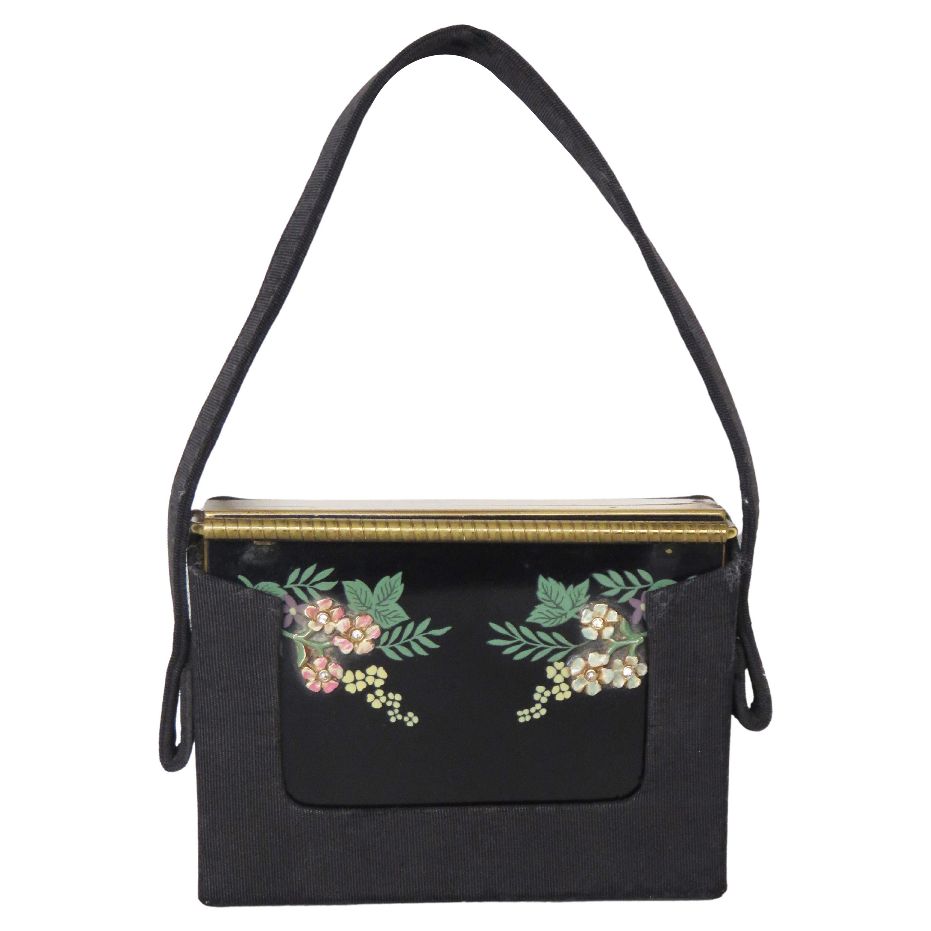 Volupte 1950er Jahre kompakte Miaudiere Geldbörse und Etui aus Emaille mit Blumen