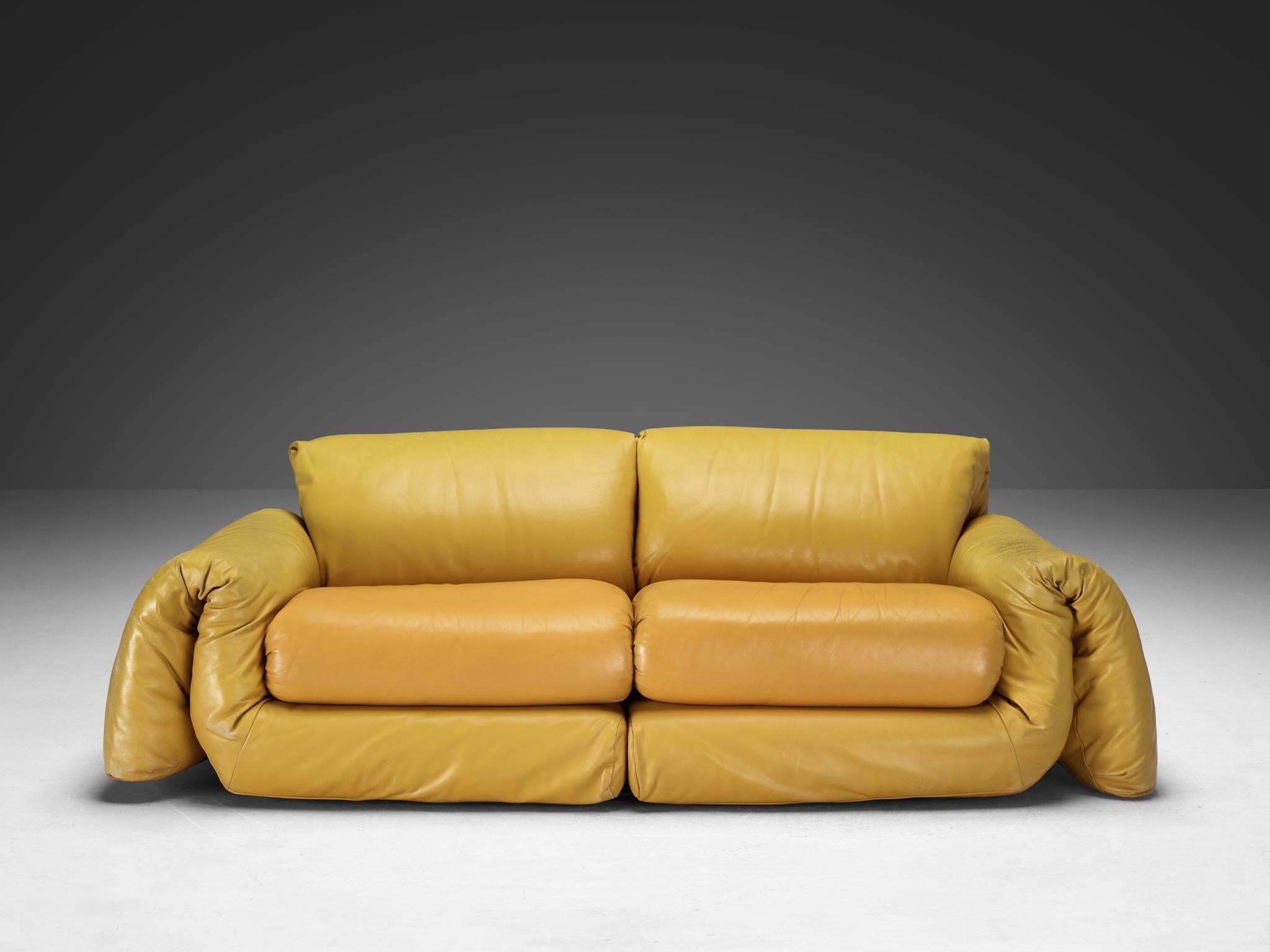 Post-Modern Voluptuous Sofa in Yellow Leather  For Sale