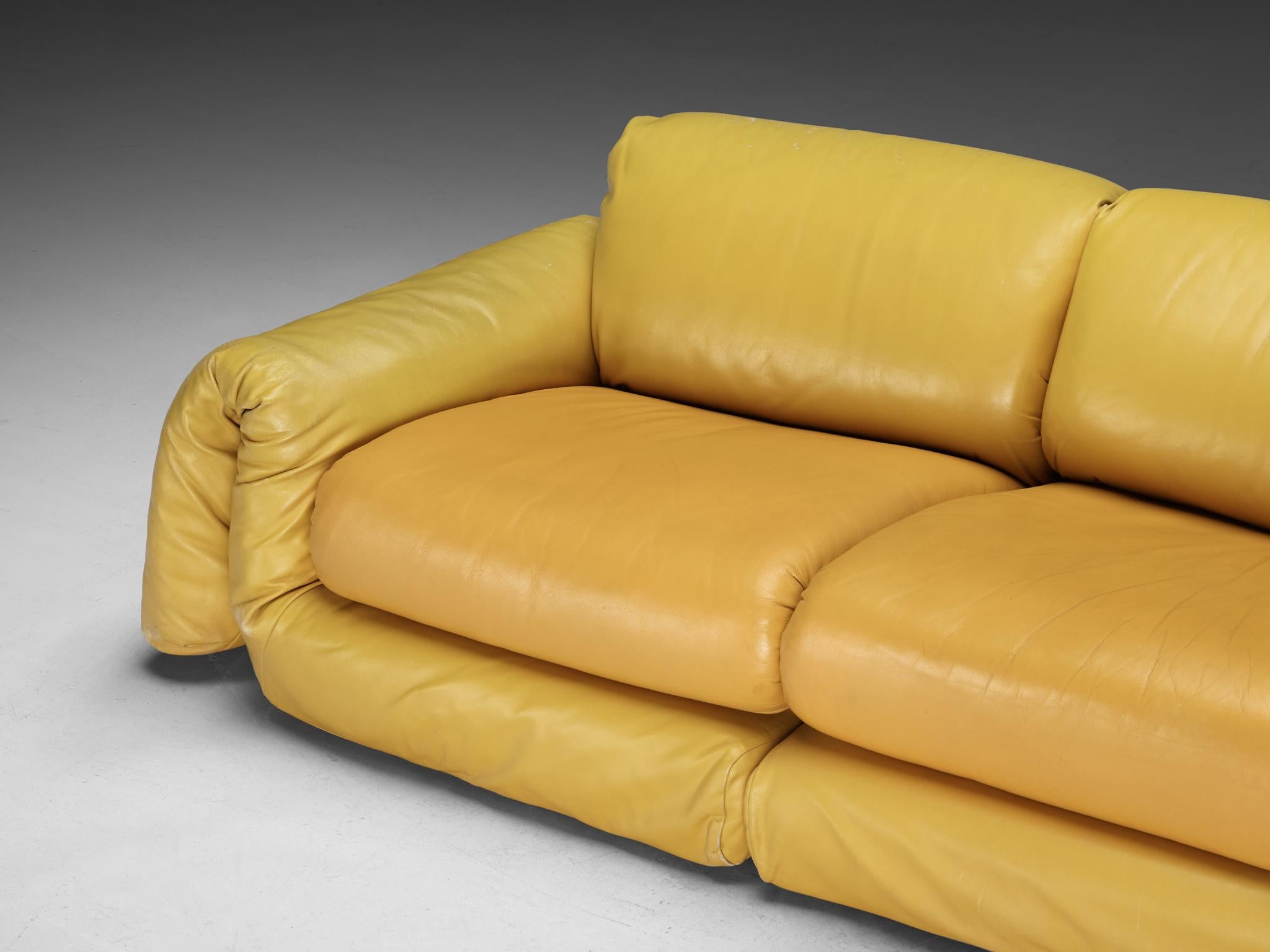European Voluptuous Sofa in Yellow Leather  For Sale