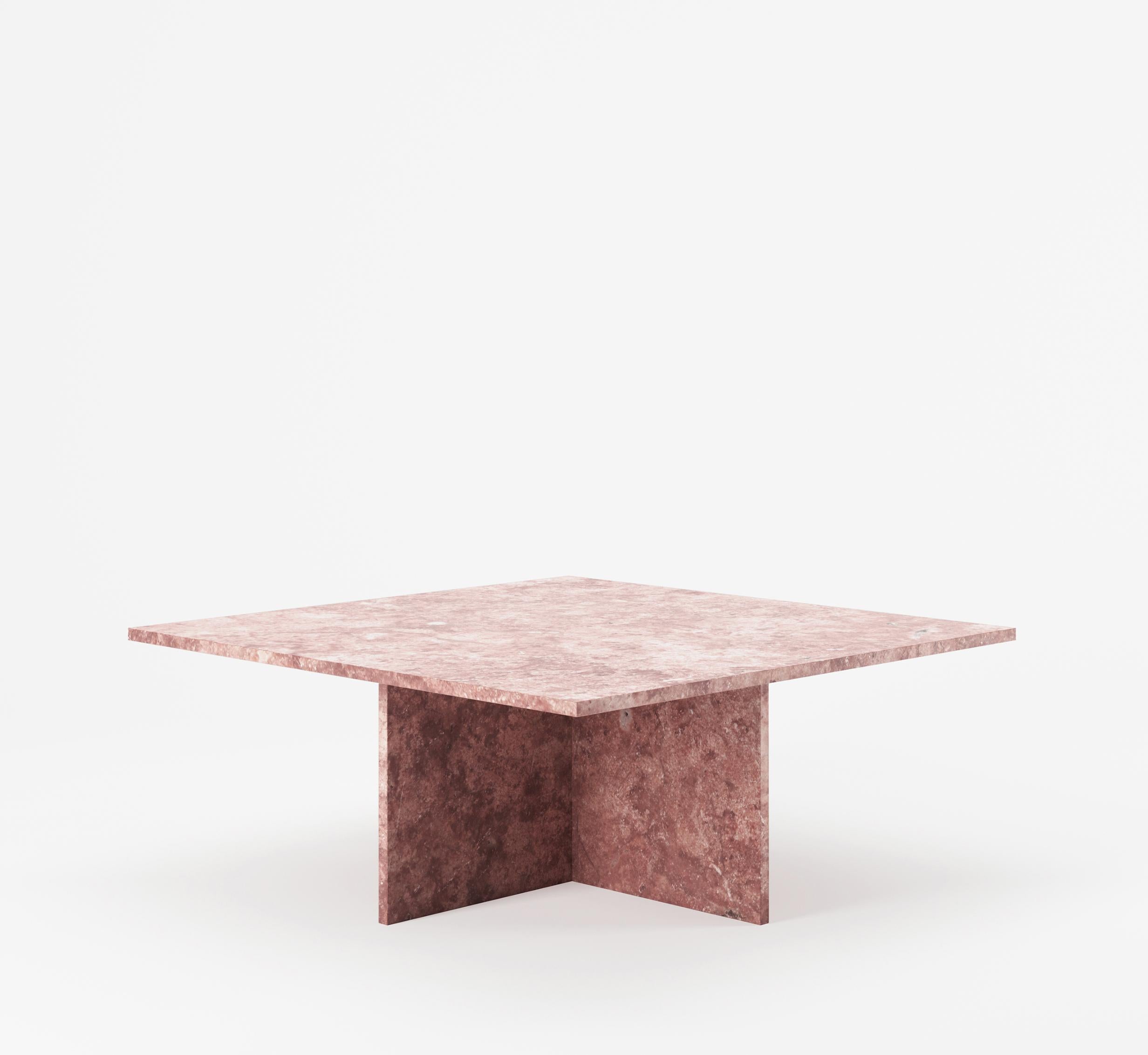 Minimalist Vondel Square Table Handcrafted in Red Travertine For Sale