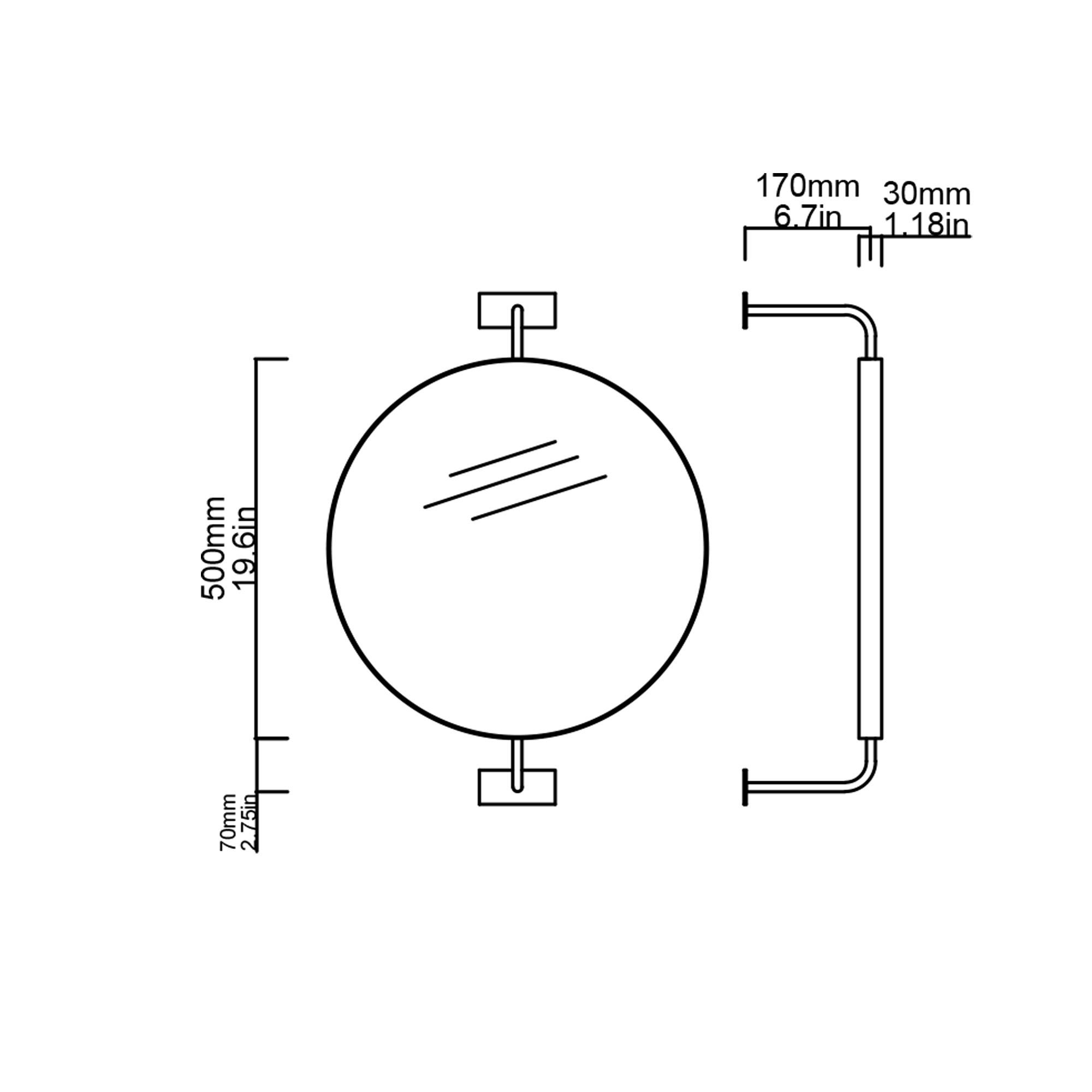 Laiton Vorso Wall Attached Suspended Rotating Round Mirror with Bronze Patina Frame (Miroir rond rotatif suspendu fixé au mur avec cadre en bronze patiné) en vente
