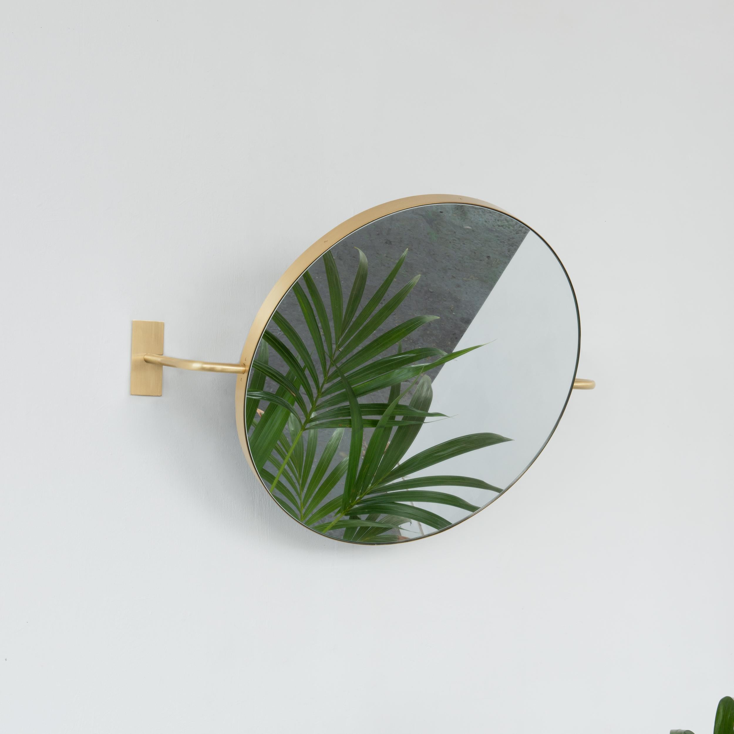 Vorso Wall Attached Suspended Rotating Round Mirror with Brushed Brass Frame For Sale 1