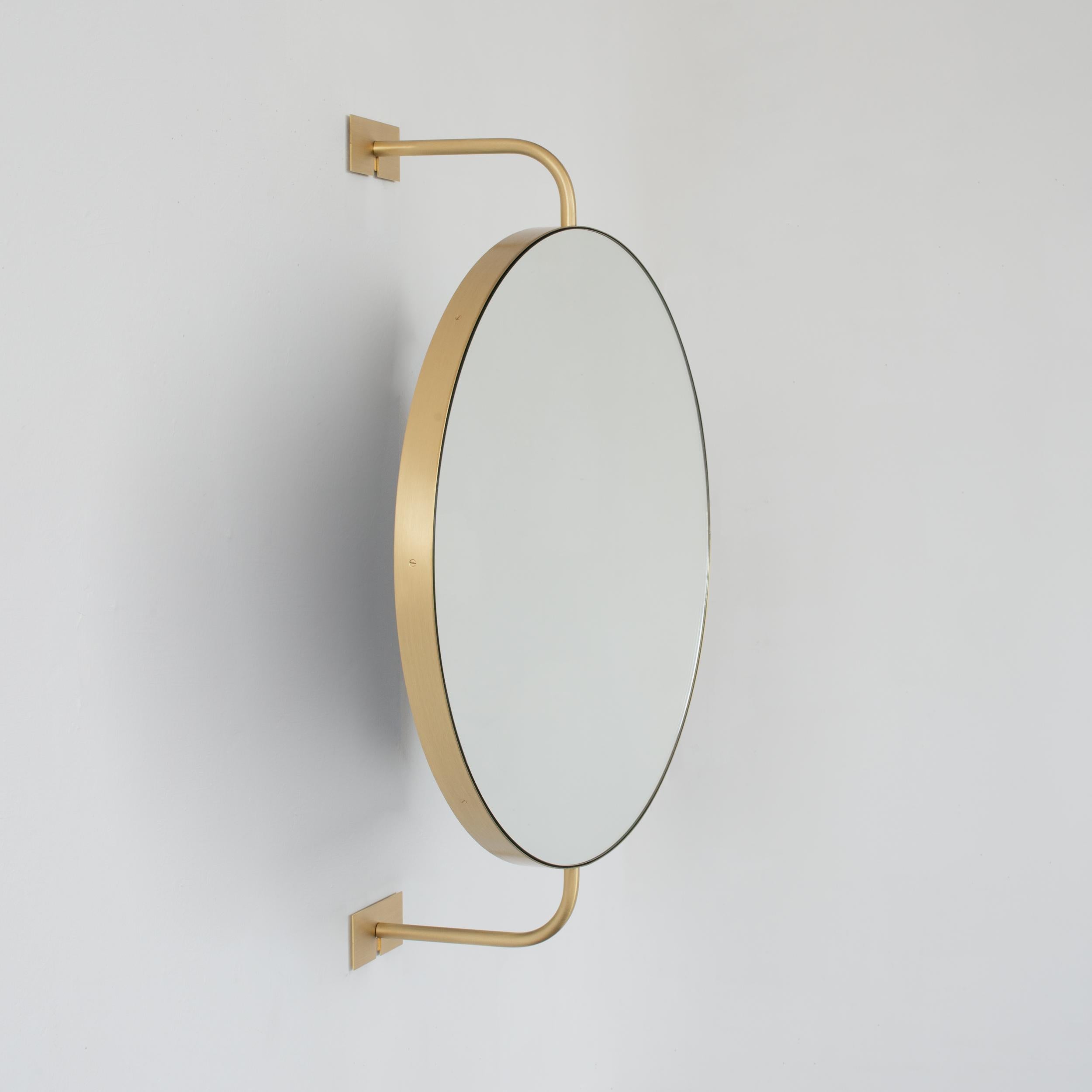 Vorso Wall Attached Suspended Rotating Round Mirror with Brushed Brass Frame For Sale 2