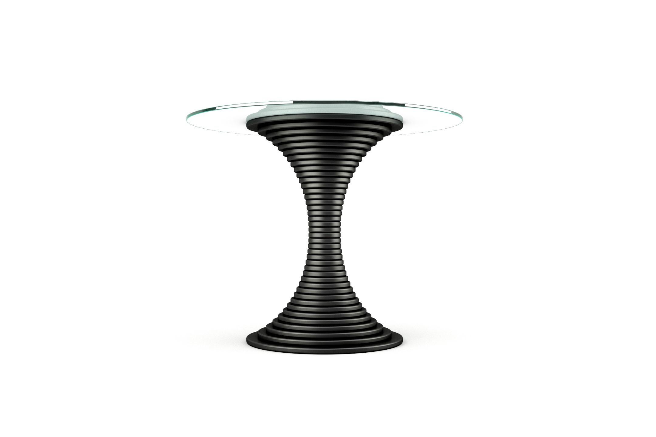 Center table manufactured from layers of lacquered wood that warps the environment around it. Its structure is shaped from lacquered boards with a round toughened clear glass top which can be customized to order by our team of experienced craftsmen.