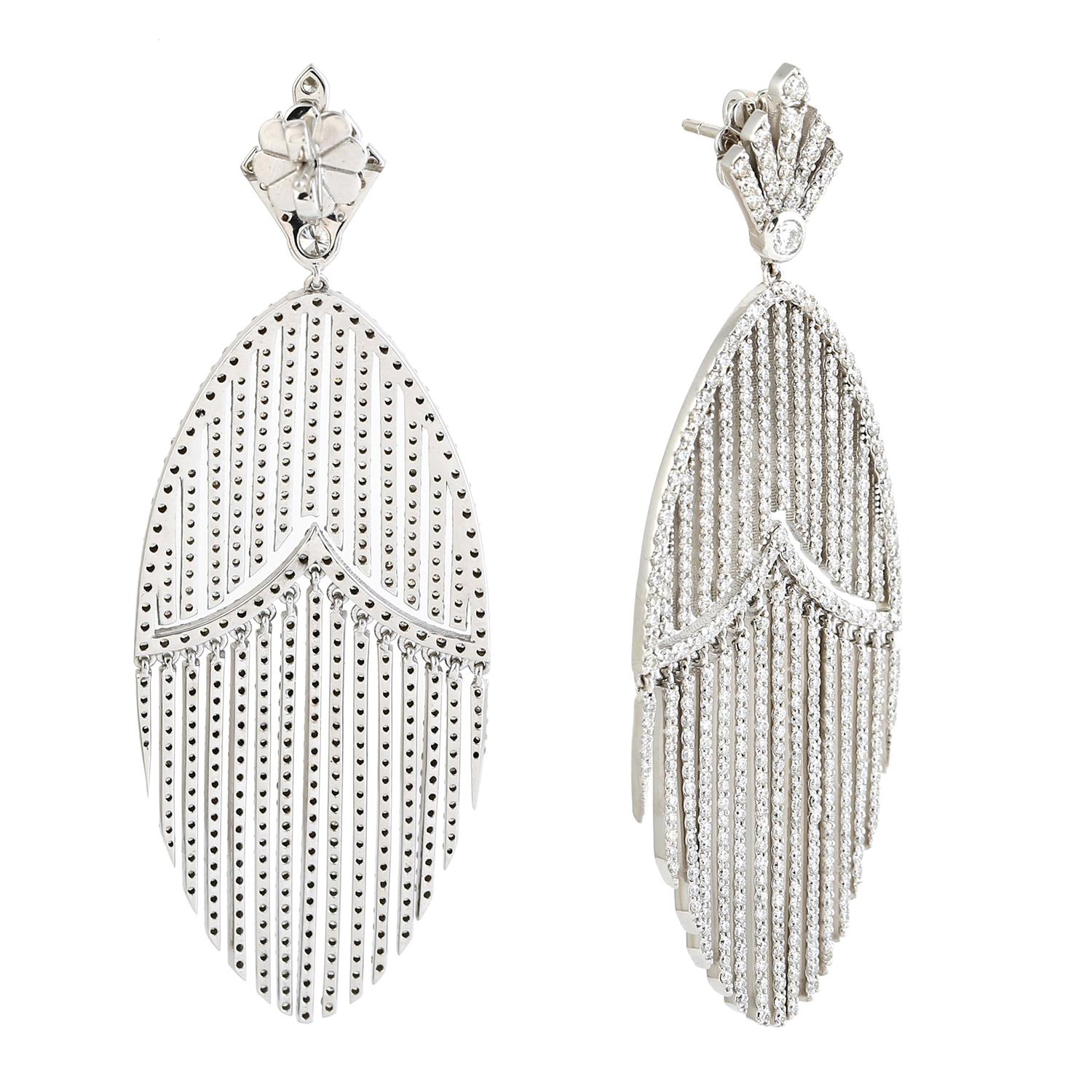 Art Deco Vortex Diamond Dangle Earrings Made In 18k White Gold For Sale