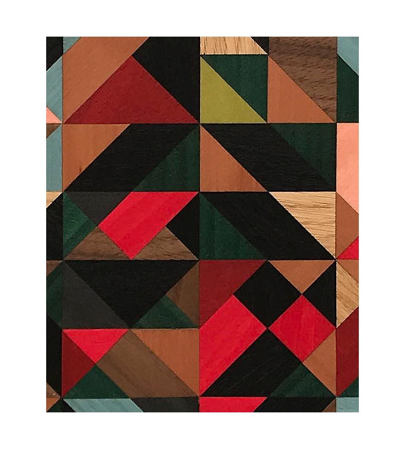 A marquetry artwork featuring a combination of natural and dyed veneers including Birdseye maple, sycamore, Swiss pear and American Tulip amongst others. Mounted on 15mm board with an oil finish.