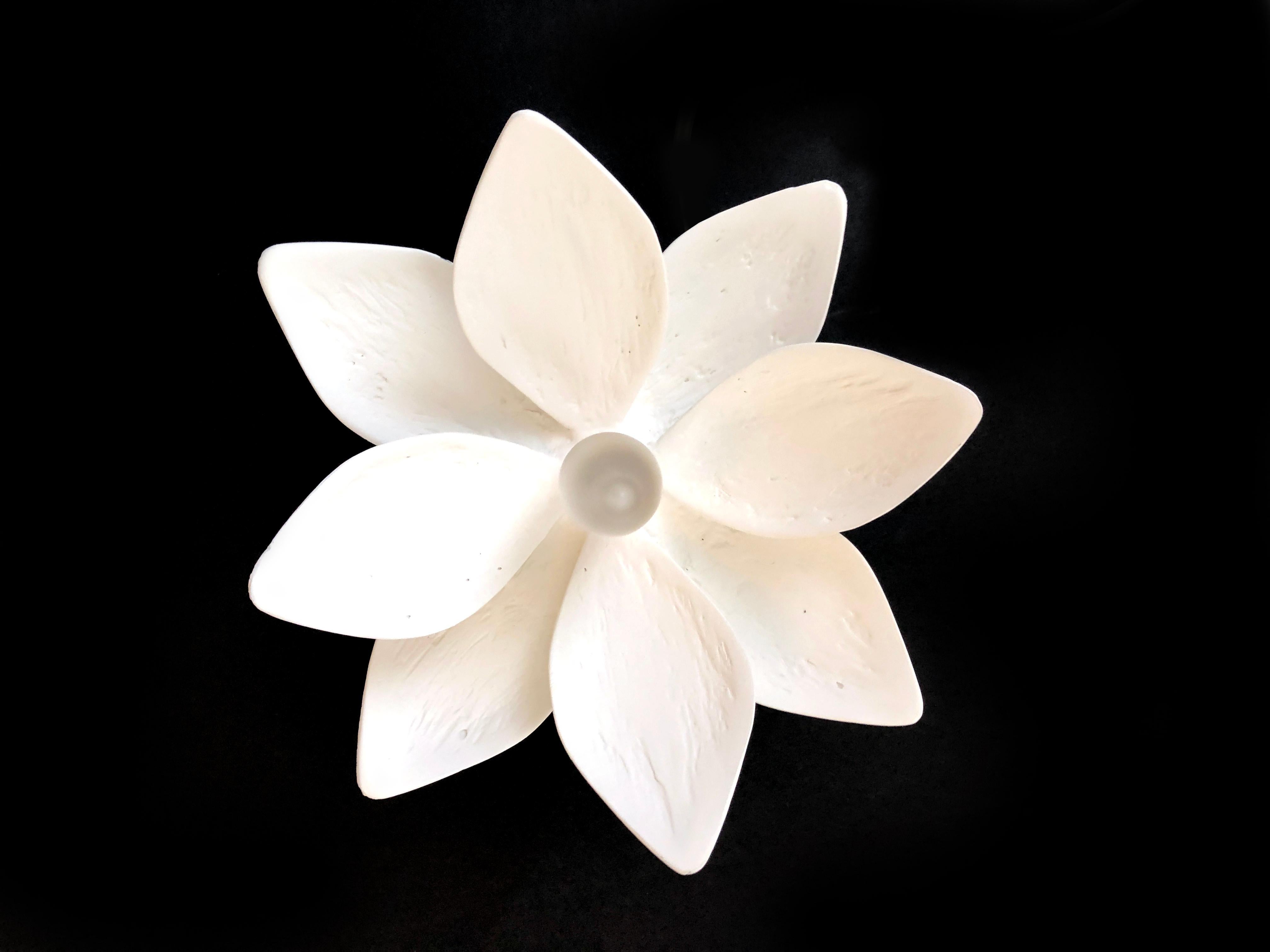 Este sencillo pero ornamentado aplique tiene nuestro característico acabado en yeso de París. Su flor de magnolia traerá la naturaleza al interior y fue diseñada para complementar nuestra araña Vosges. Este versátil candelabro acentuará la belleza