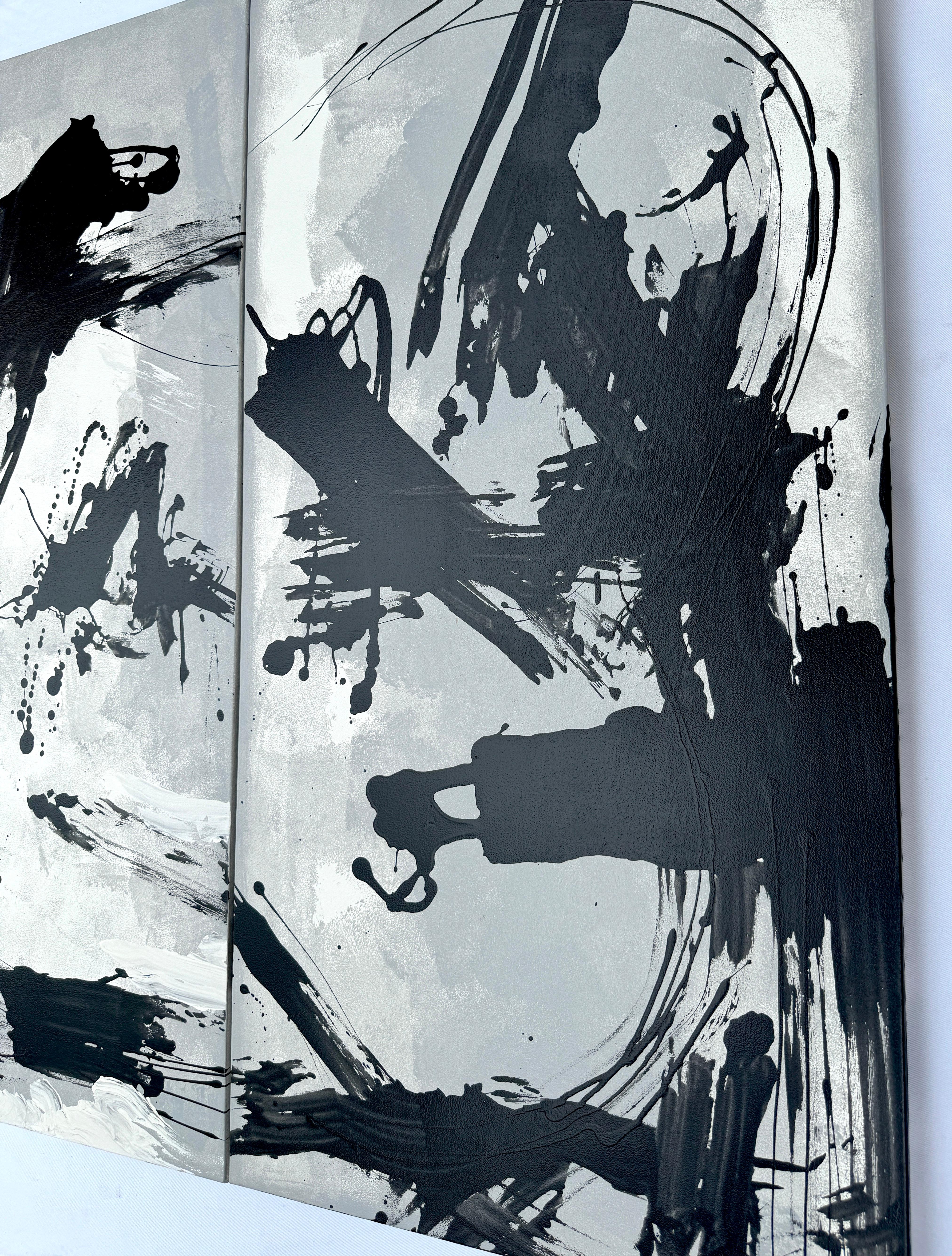 Black Ice, Black and White Abstract Original Painting, Ready to Hang Large Size For Sale 2