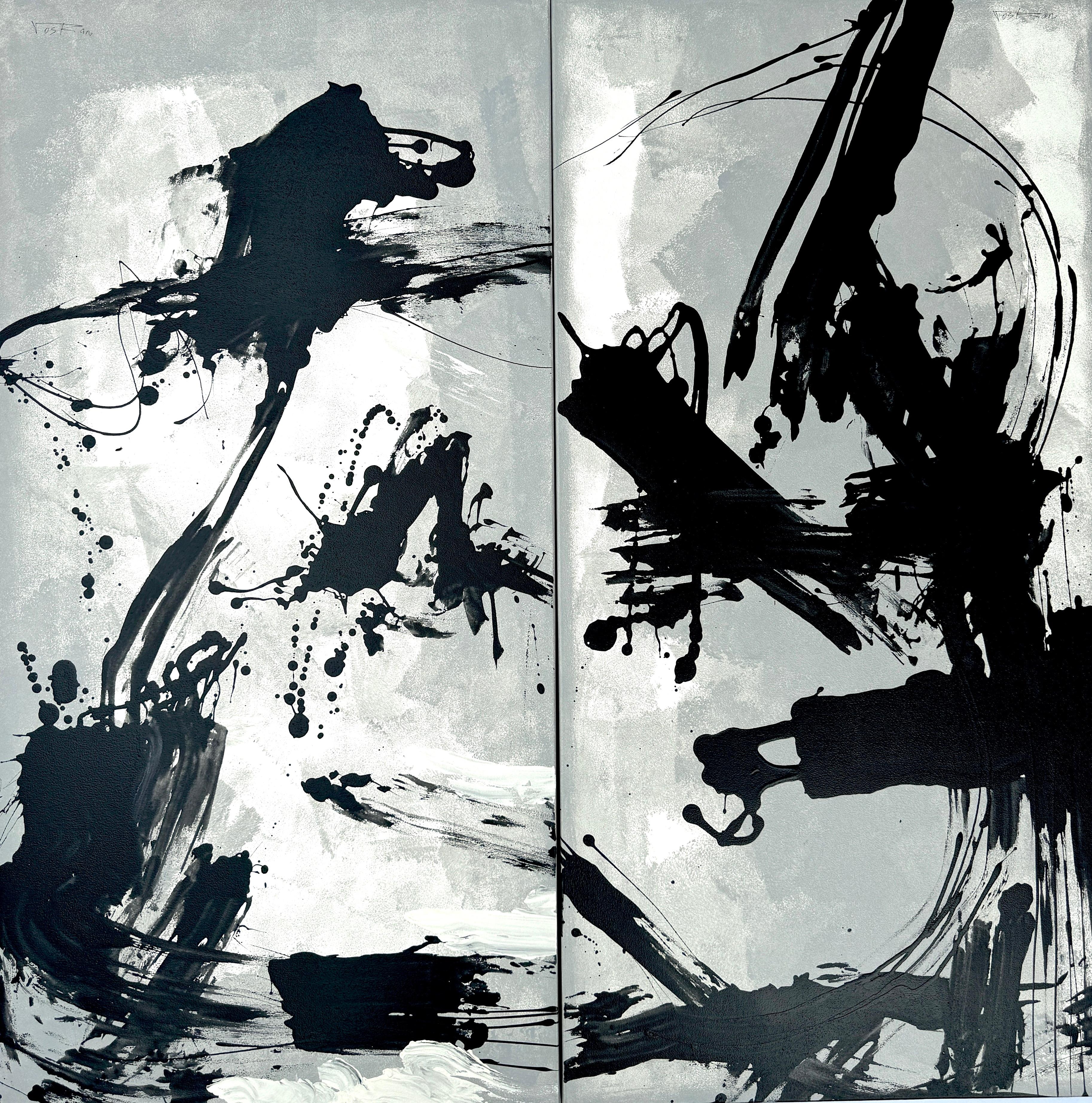 Voskan Galstian Abstract Painting - Black Ice, Black and White Abstract Original Painting, Ready to Hang Large Size
