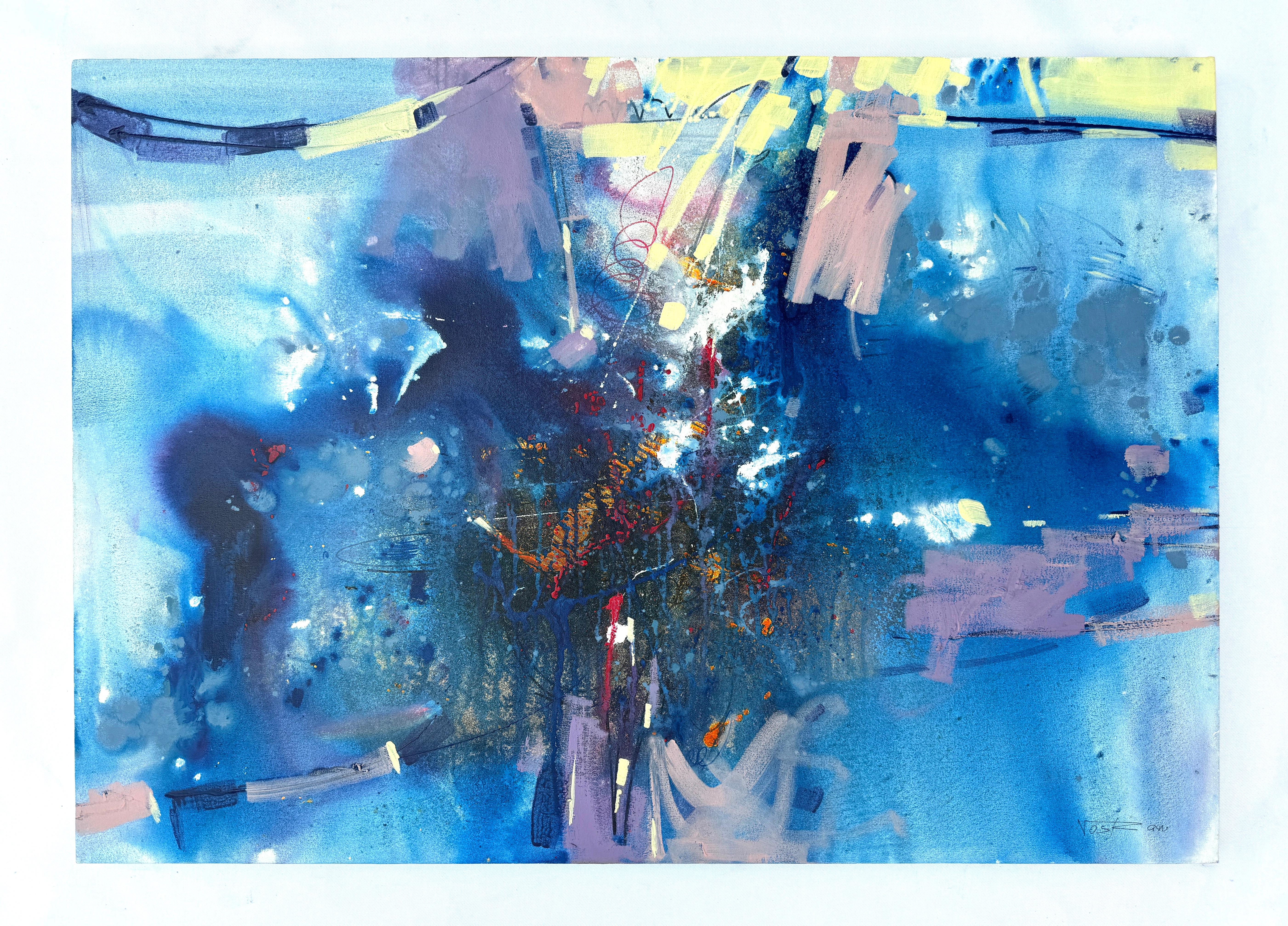 Ombre blu, Pittura astratta moderna originale, pronta da appendere - Painting di Voskan Galstian